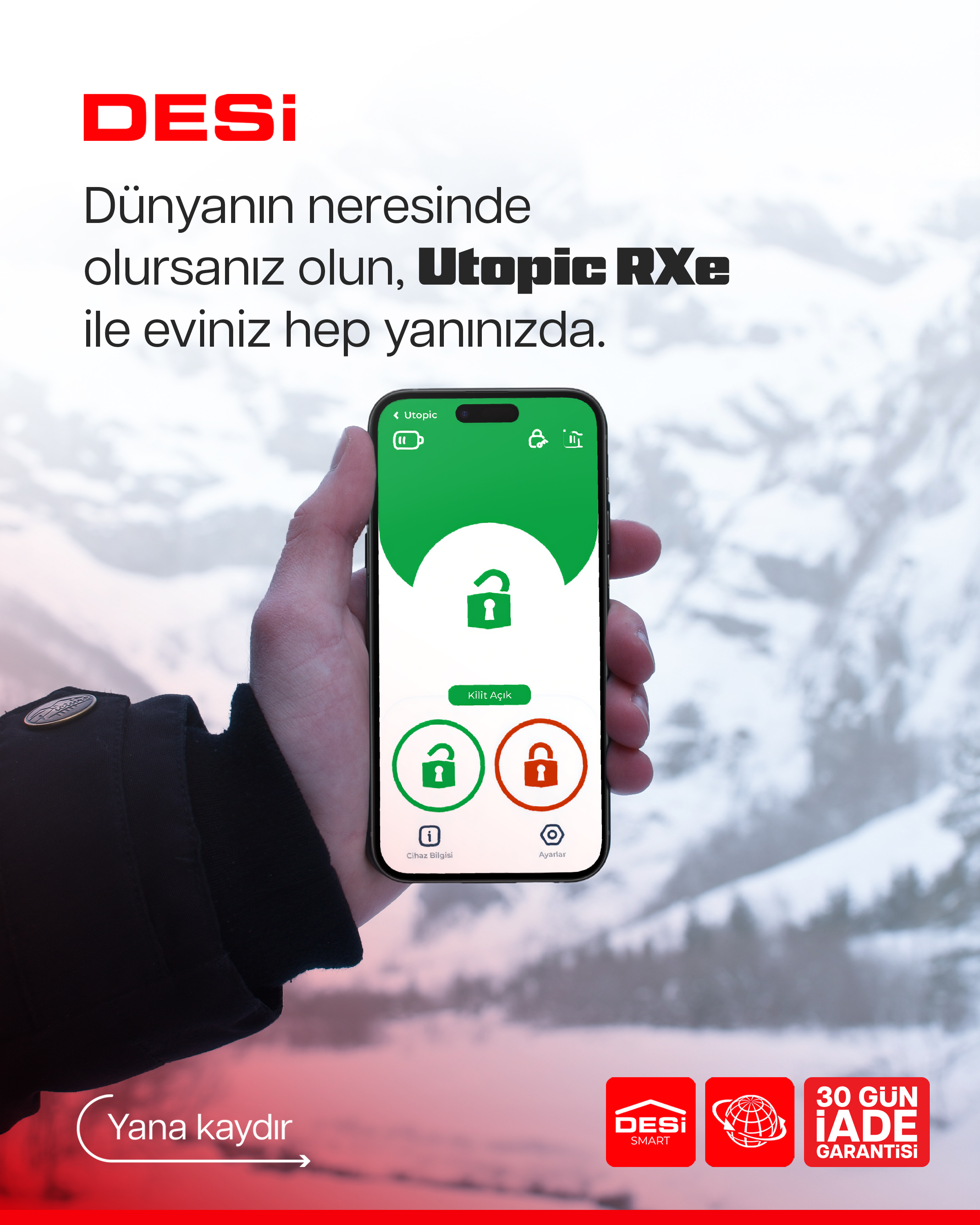 Karla kaplı dağlar önünde, açık kilit simgesi olan DESI uygulamasını gösteren telefon.