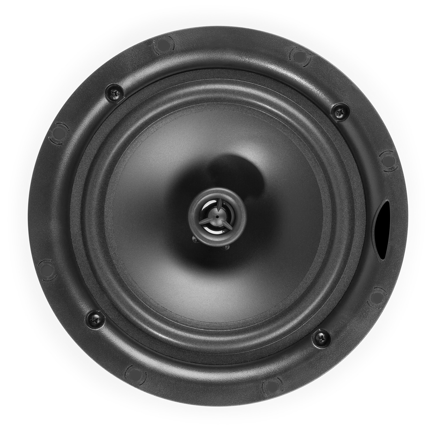 Altavoz de techo negro con tornillos y puntos de montaje circulares.