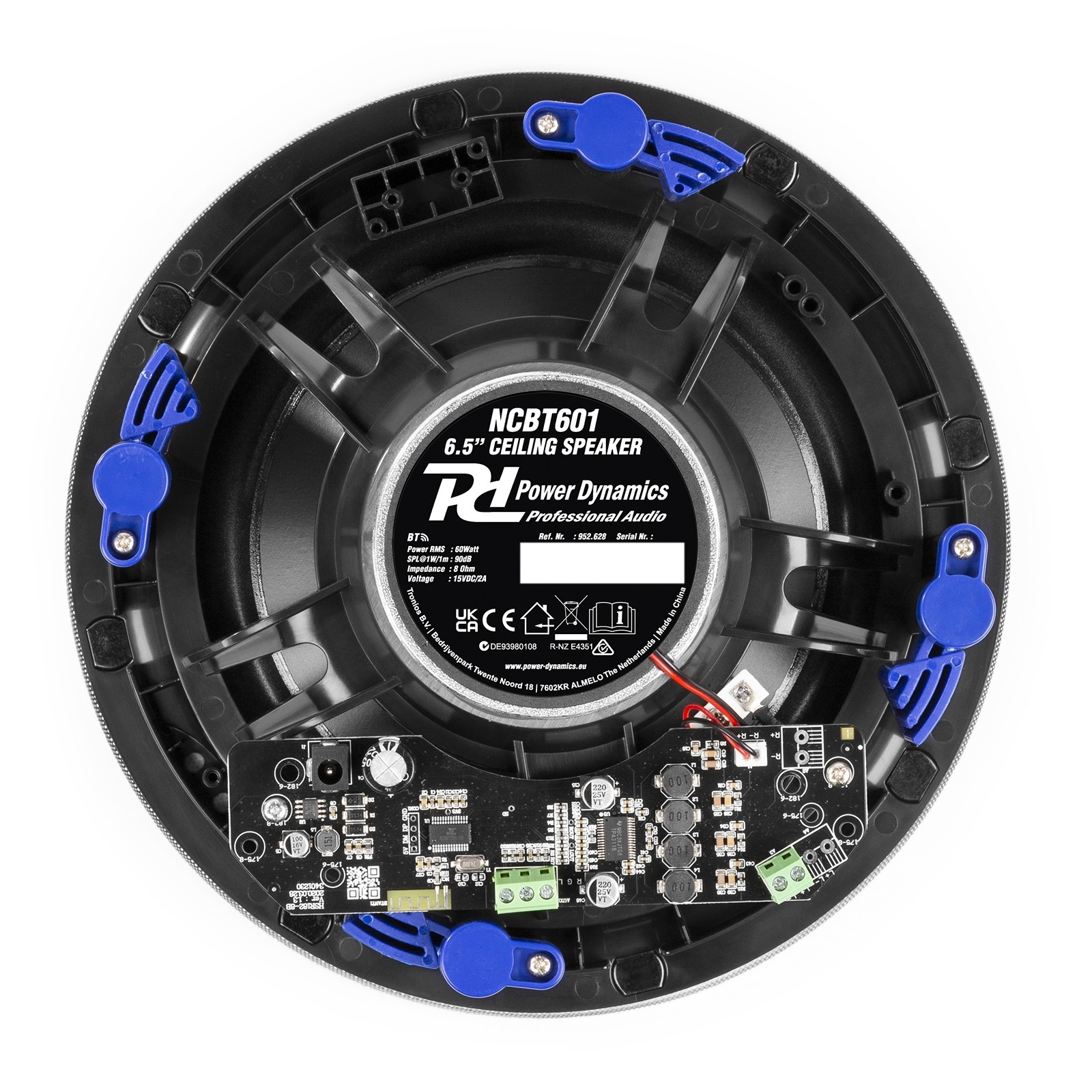 Vista trasera de un altavoz de techo NCBT601 de 6,5 pulgadas con logo Power Dynamics.