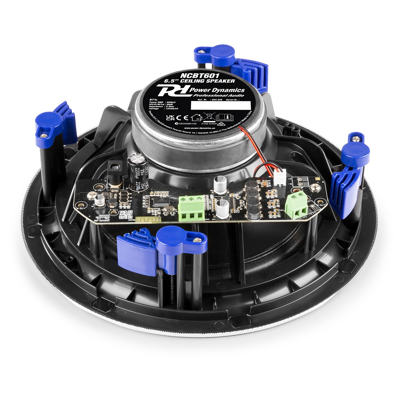Un altavoz de techo de 6,5 pulgadas con marco negro, clips de montaje azules y placa de circuito.