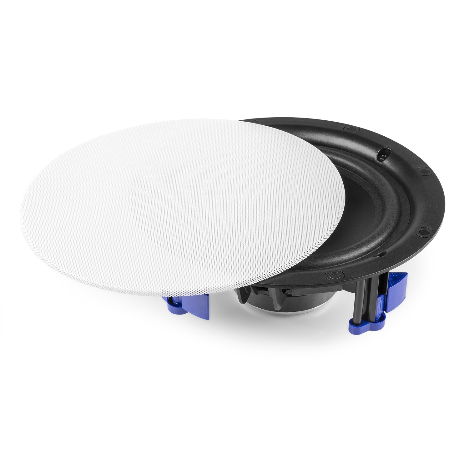 Un altavoz blanco redondo con carcasa negra y clips azules.