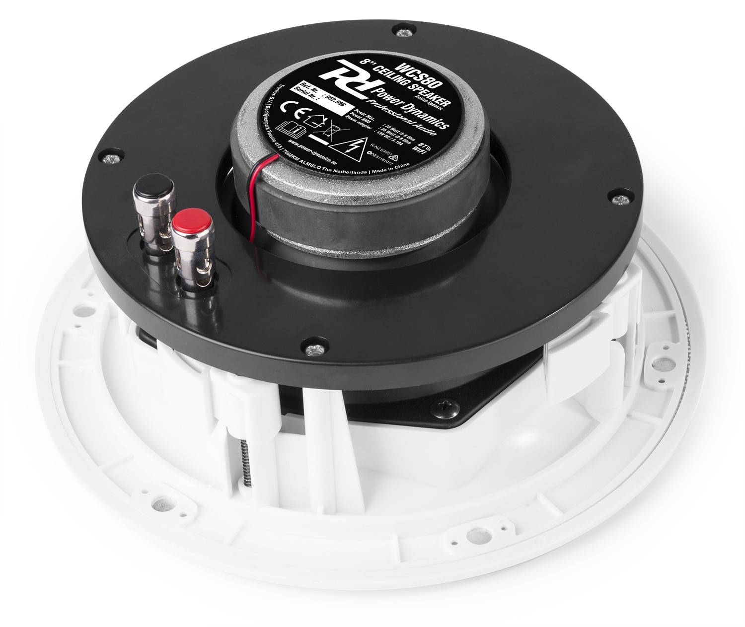 Un altavoz de techo blanco con centro y terminales negros.