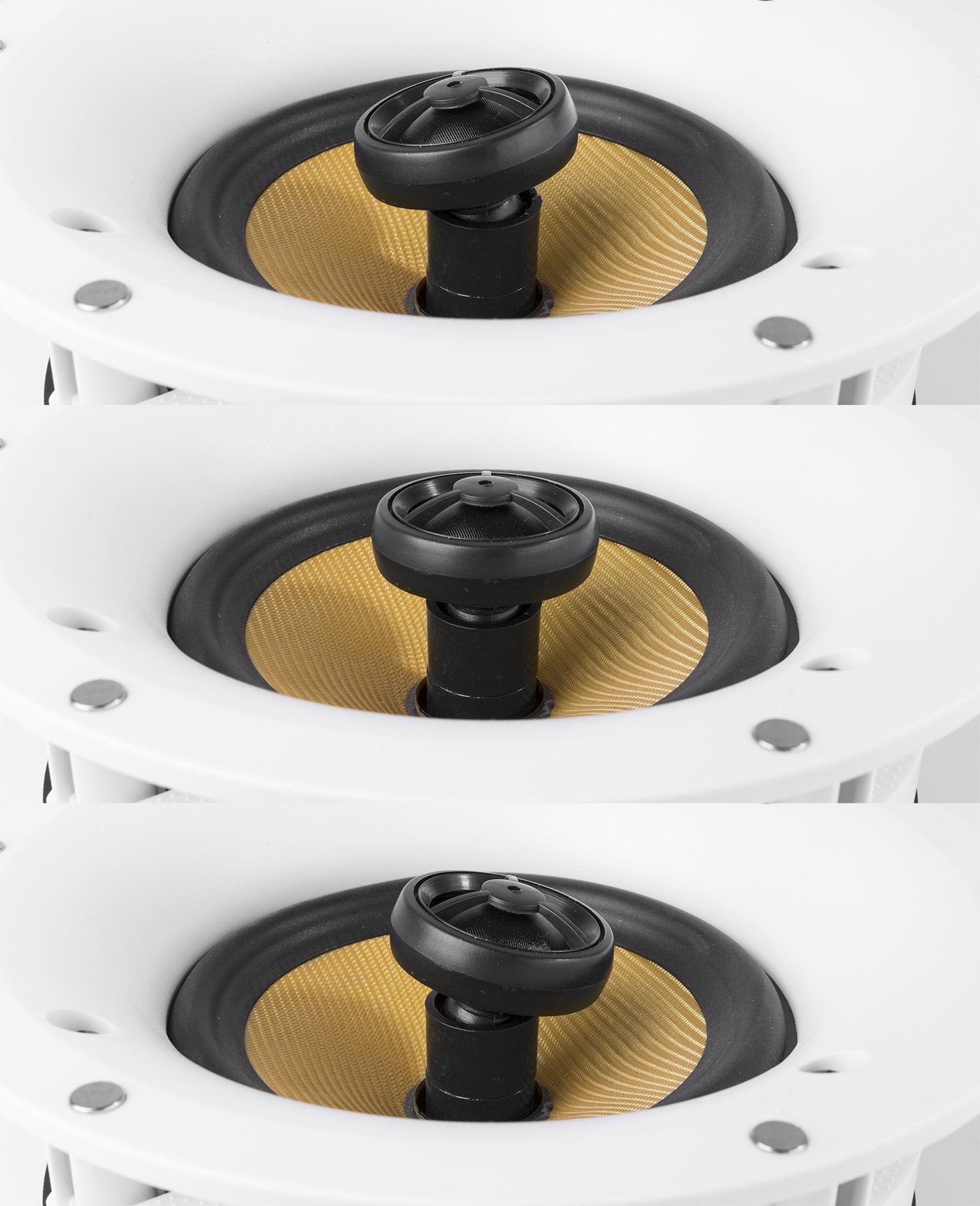 Primer plano de un altavoz de techo blanco con cono amarillo y tweeter negro.