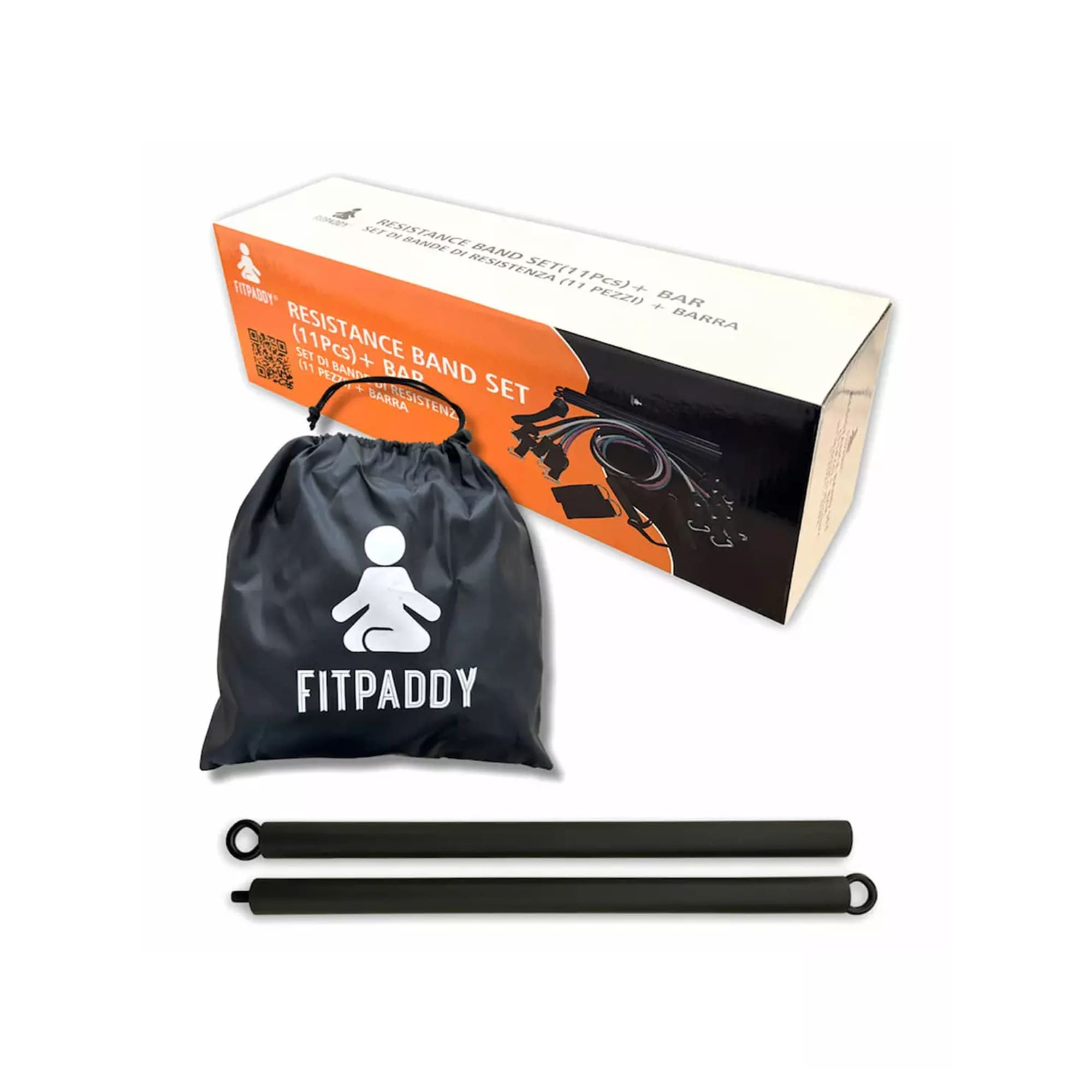 Un set di bande elastiche FitPaddy con borsa nera e due manubri.