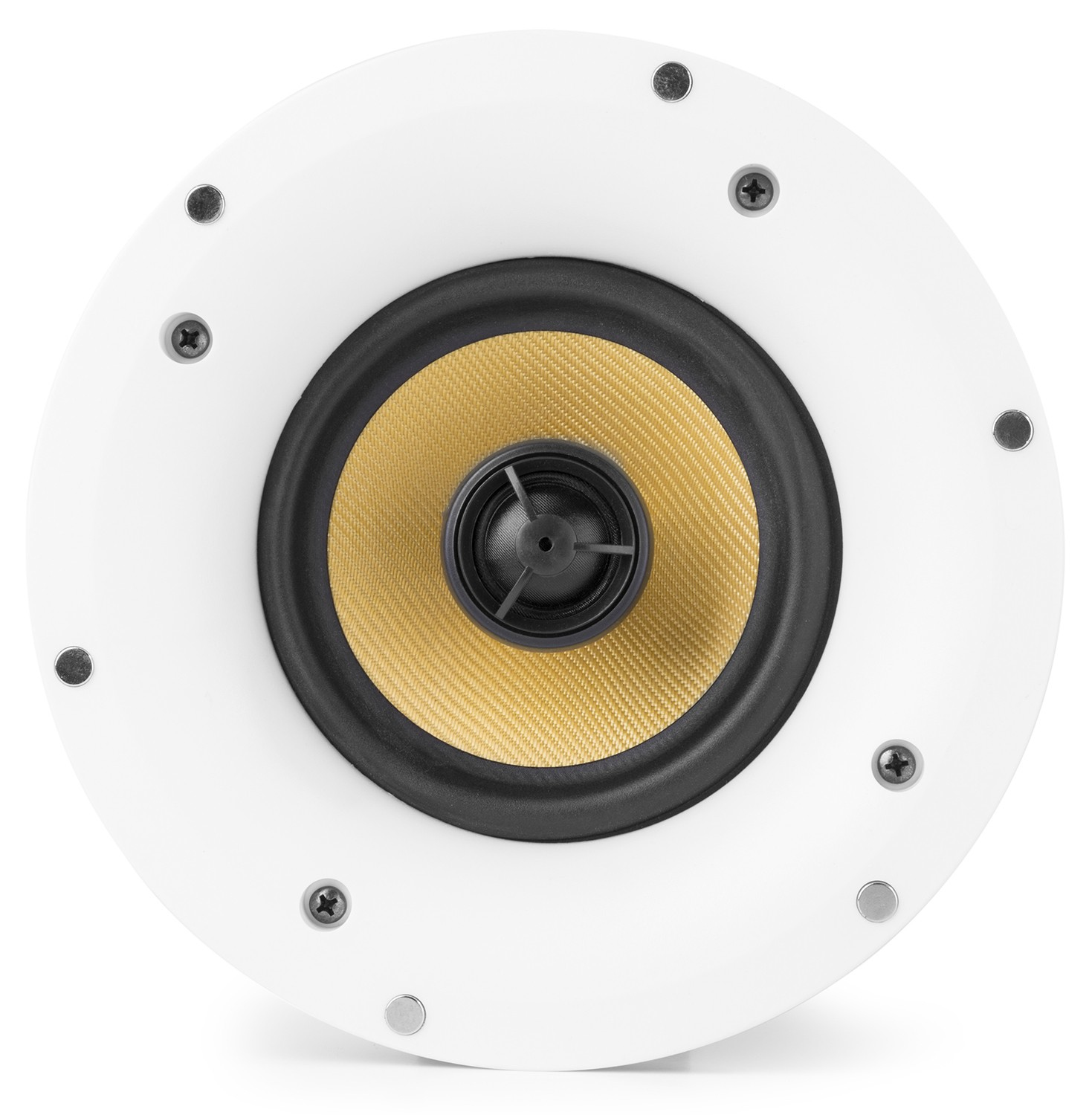 Un altavoz blanco redondo con cono amarillo y centro negro.