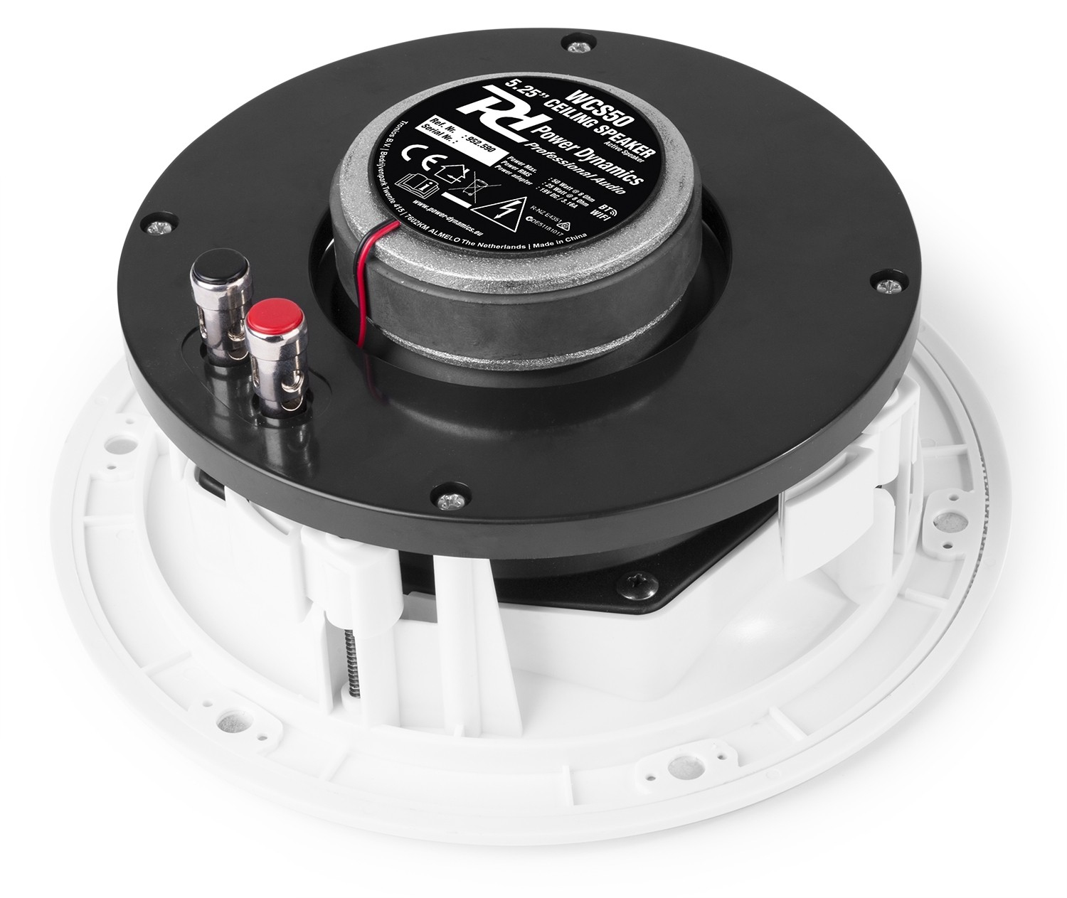 Altavoz de techo blanco con carcasa negra y conectores rojo y negro.