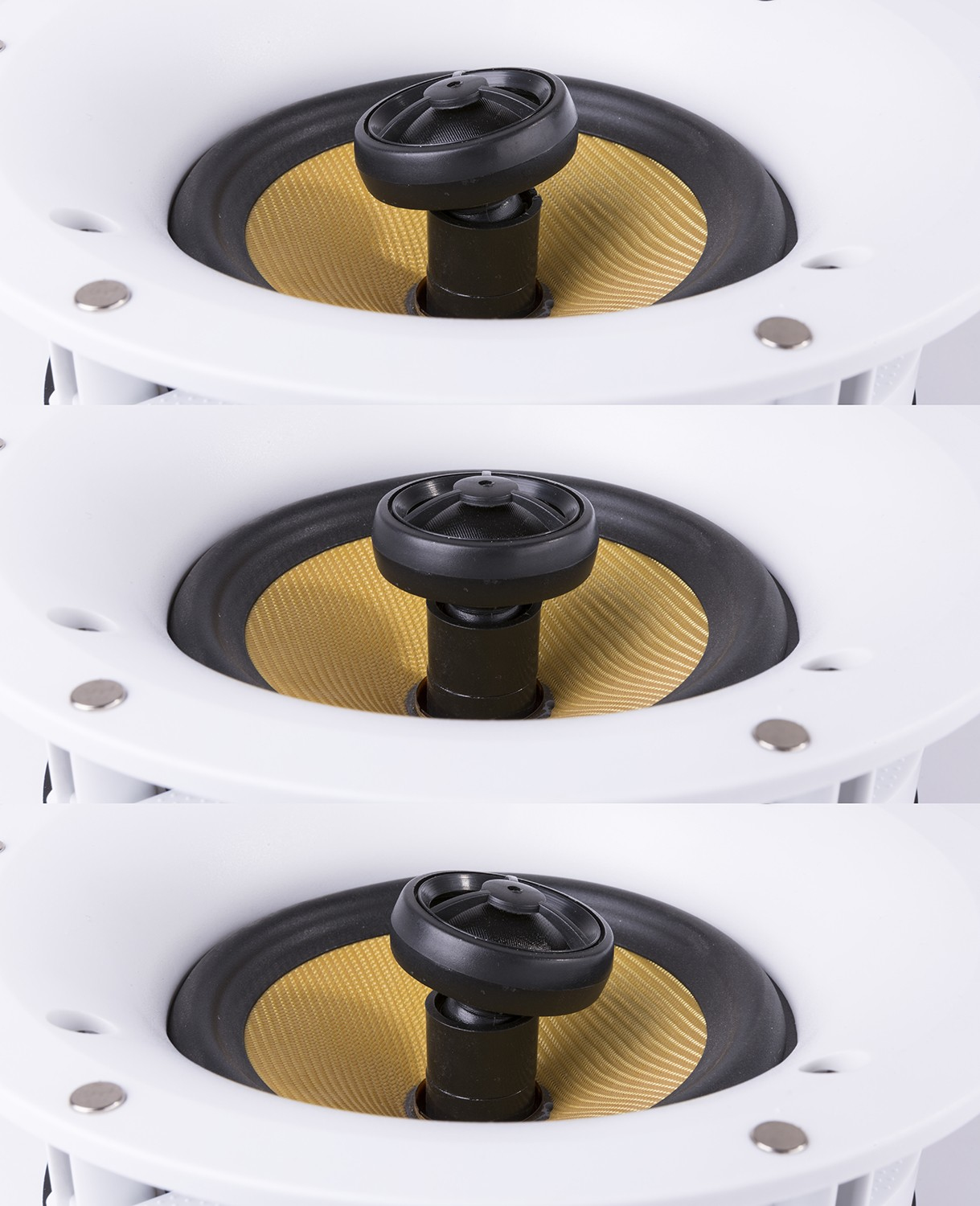 Primer plano de un altavoz blanco con cono amarillo y tweeter negro.
