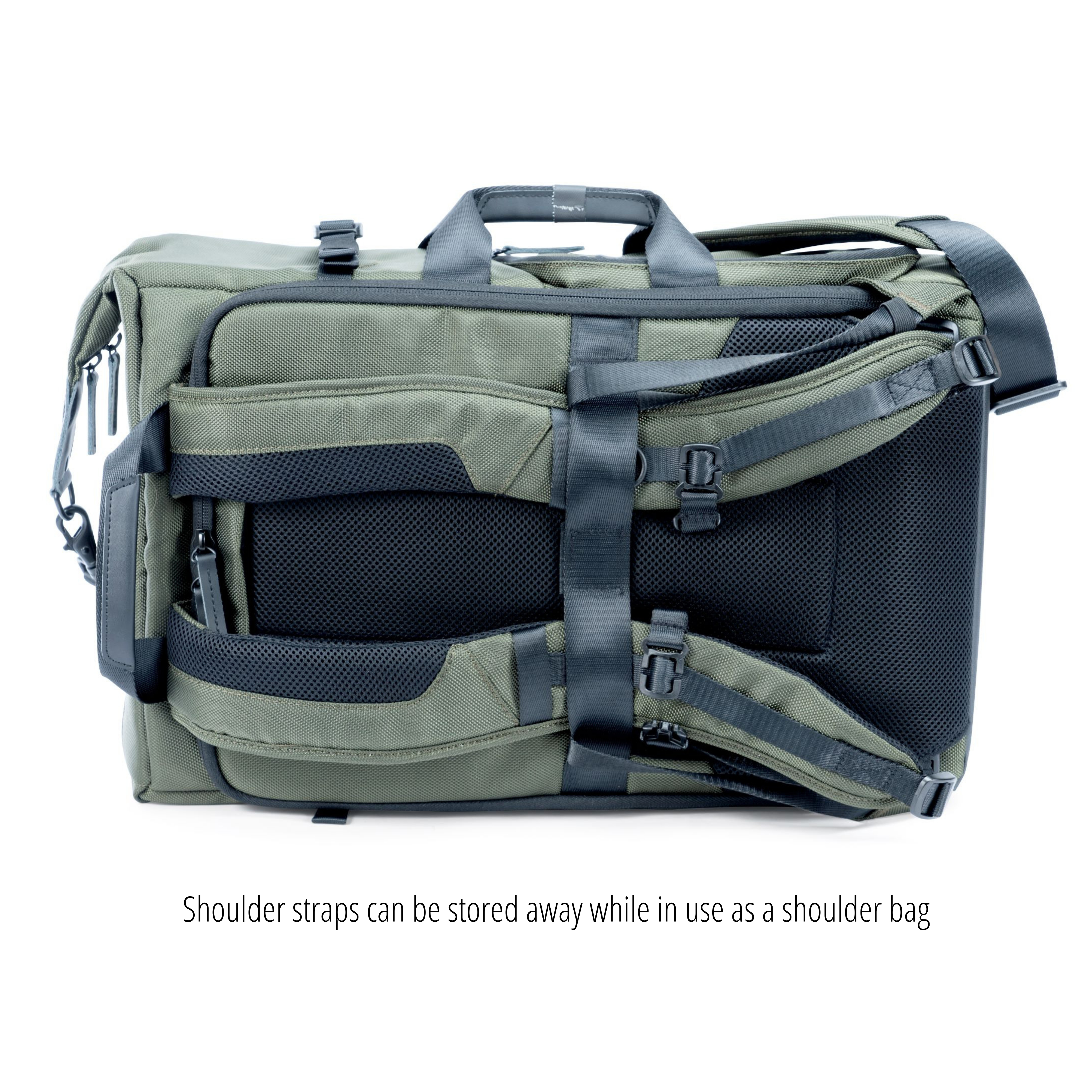Grüne Tasche mit schwarzen Gurten und Mesh-Rückenpolsterung.