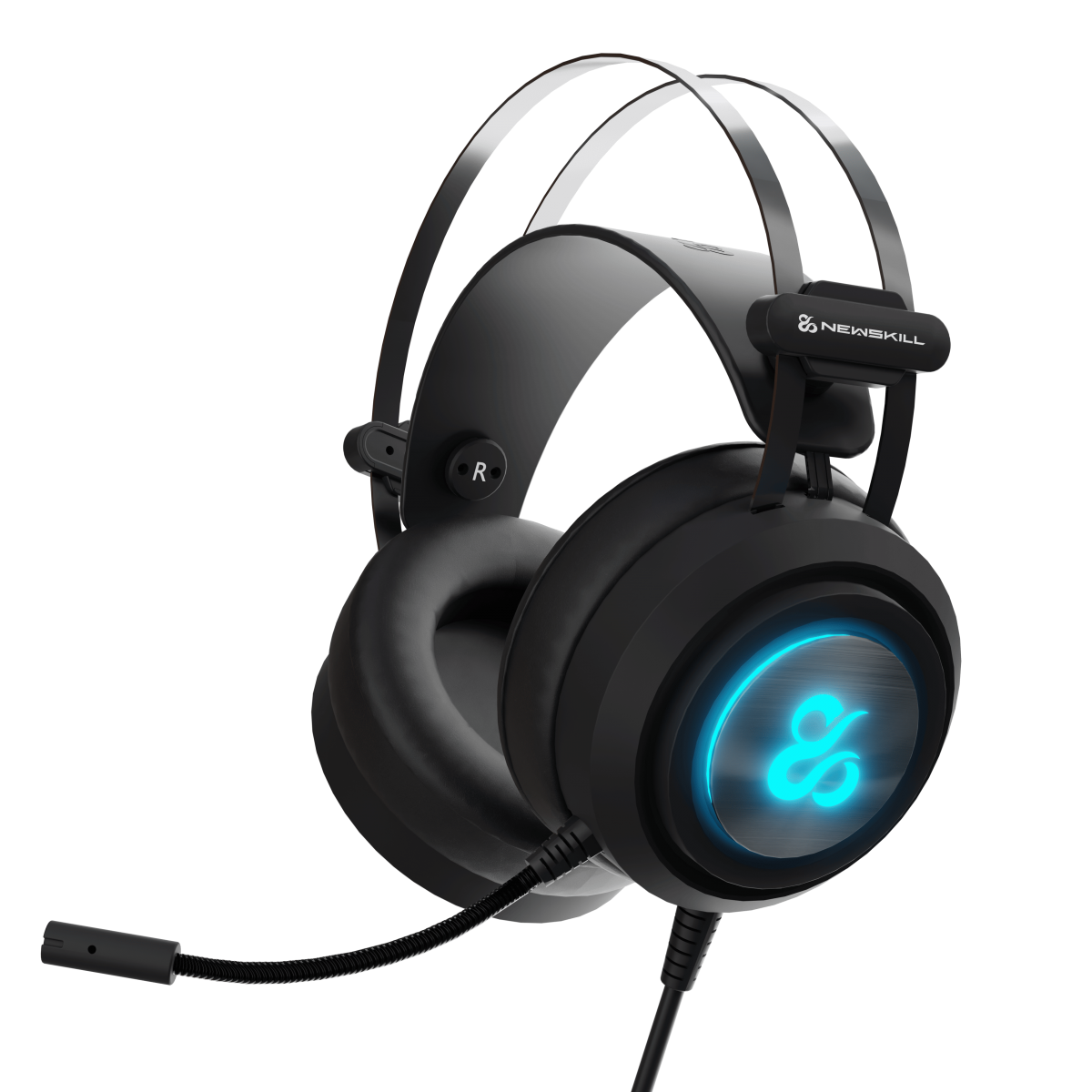 Cuffie da gaming nere con logo blu luminoso e microfono.