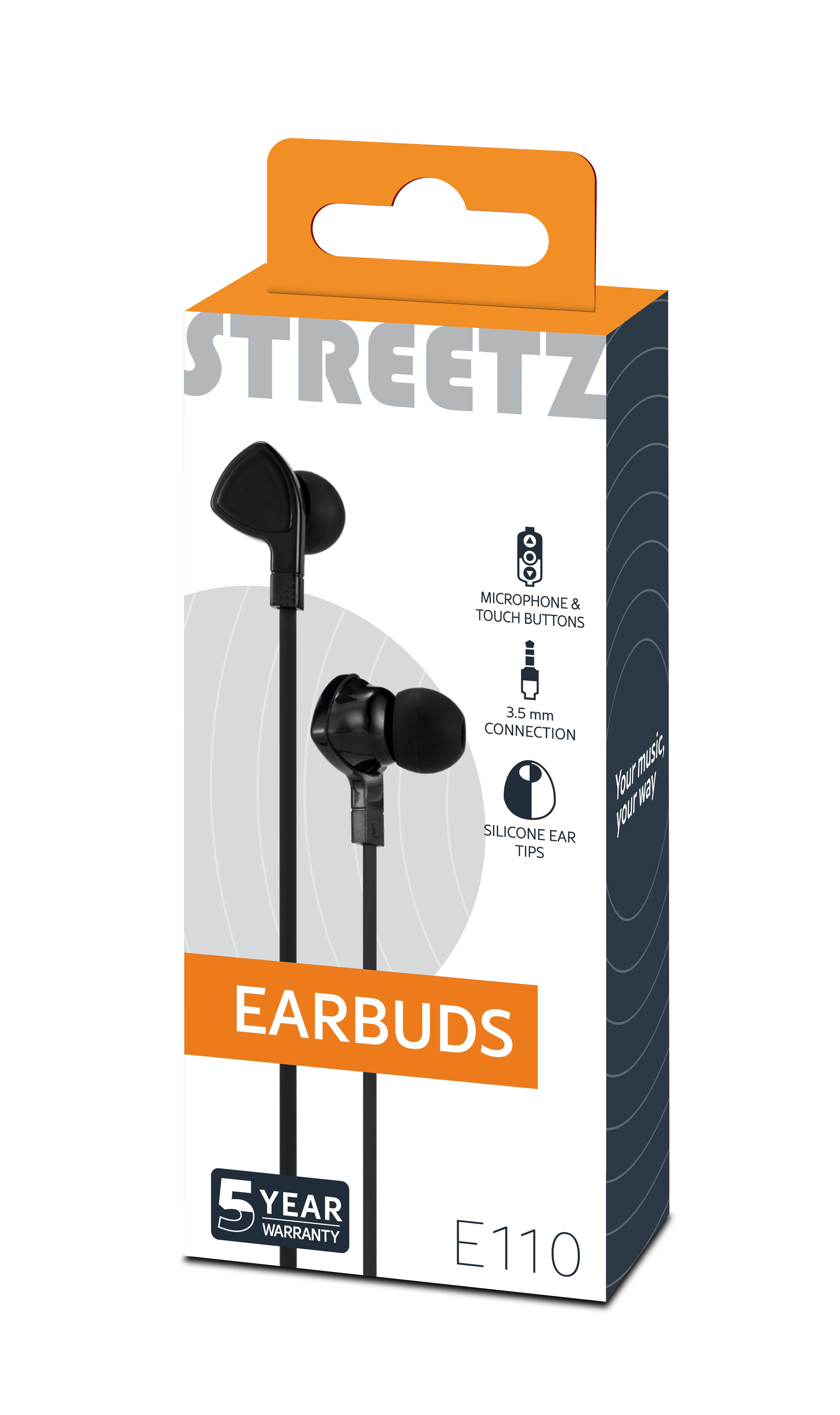Confezione auricolari Streetz neri con microfono, jack 3.5mm, 5 anni garanzia.