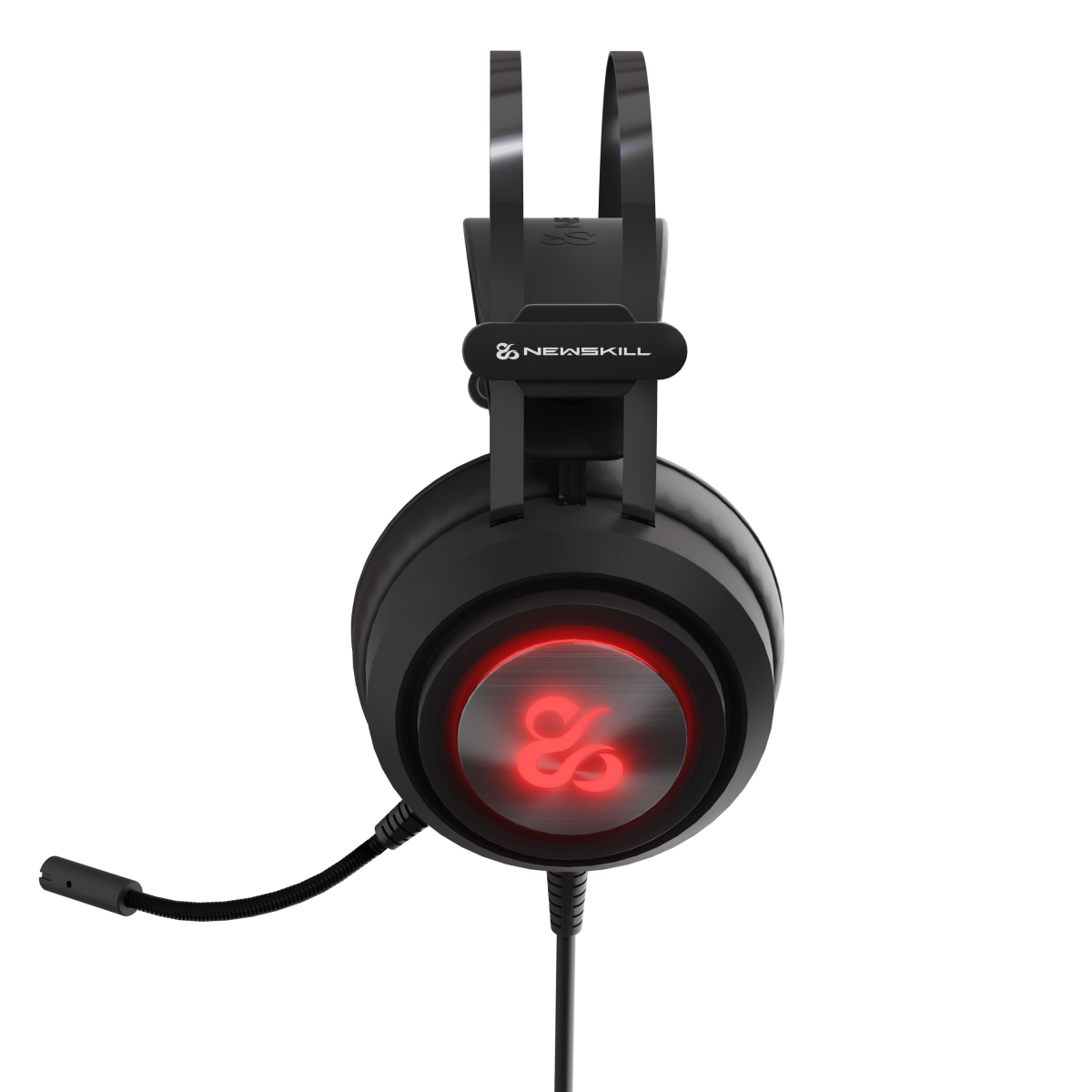 Cuffie gaming nere con logo rosso illuminato e microfono.