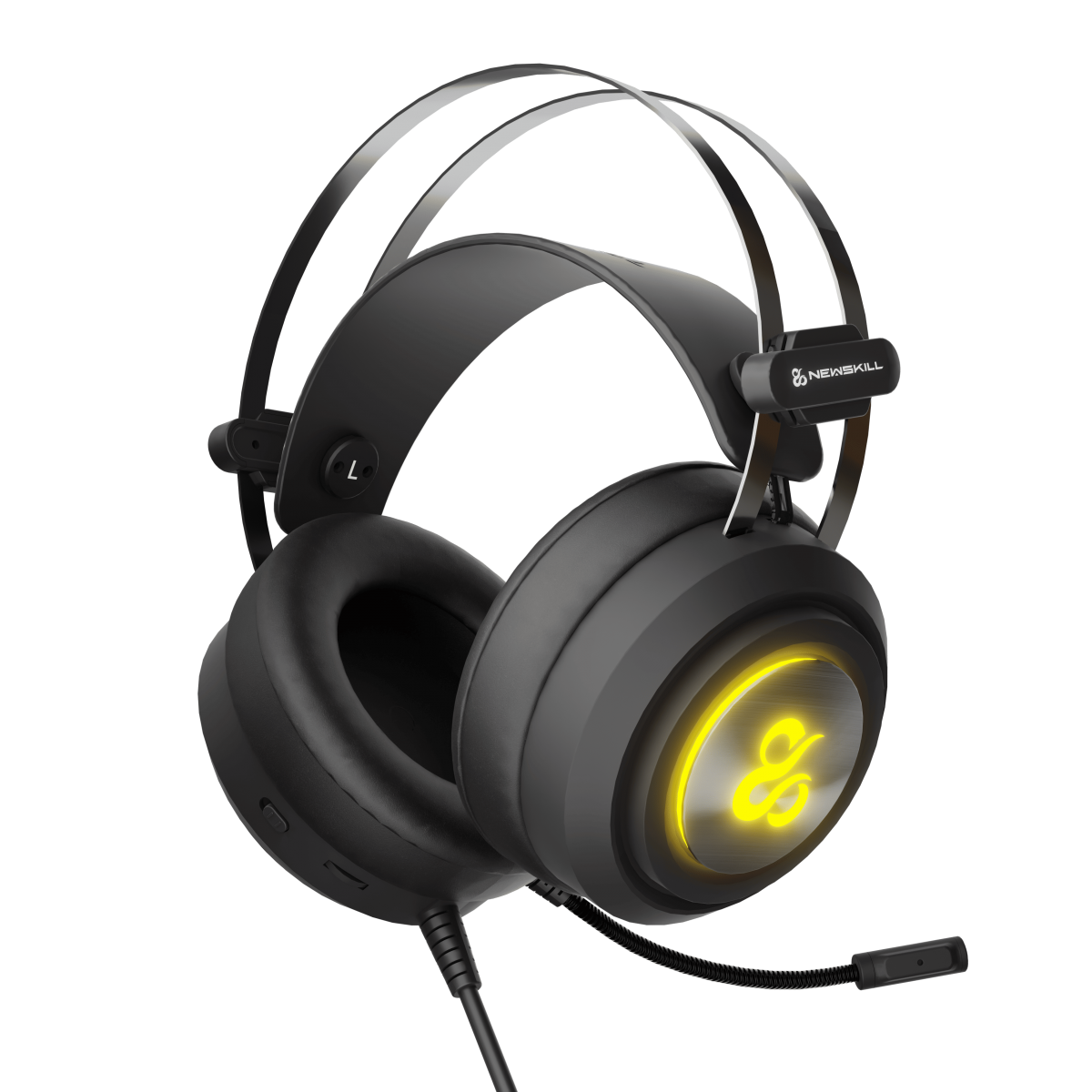 Cuffie da gaming nere con logo giallo e microfono.
