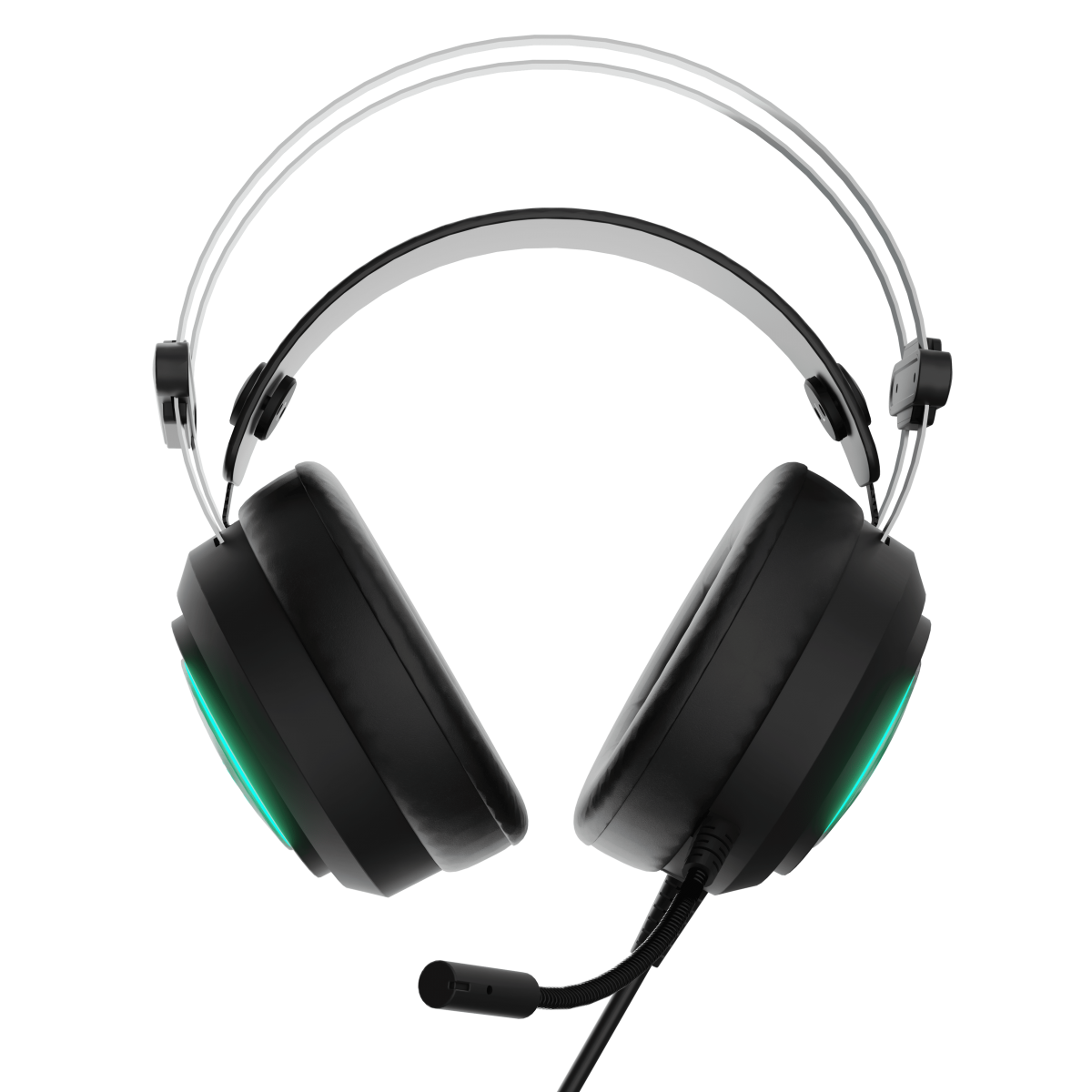 Cuffie da gaming nere con archetto argentato e illuminazione LED verde.