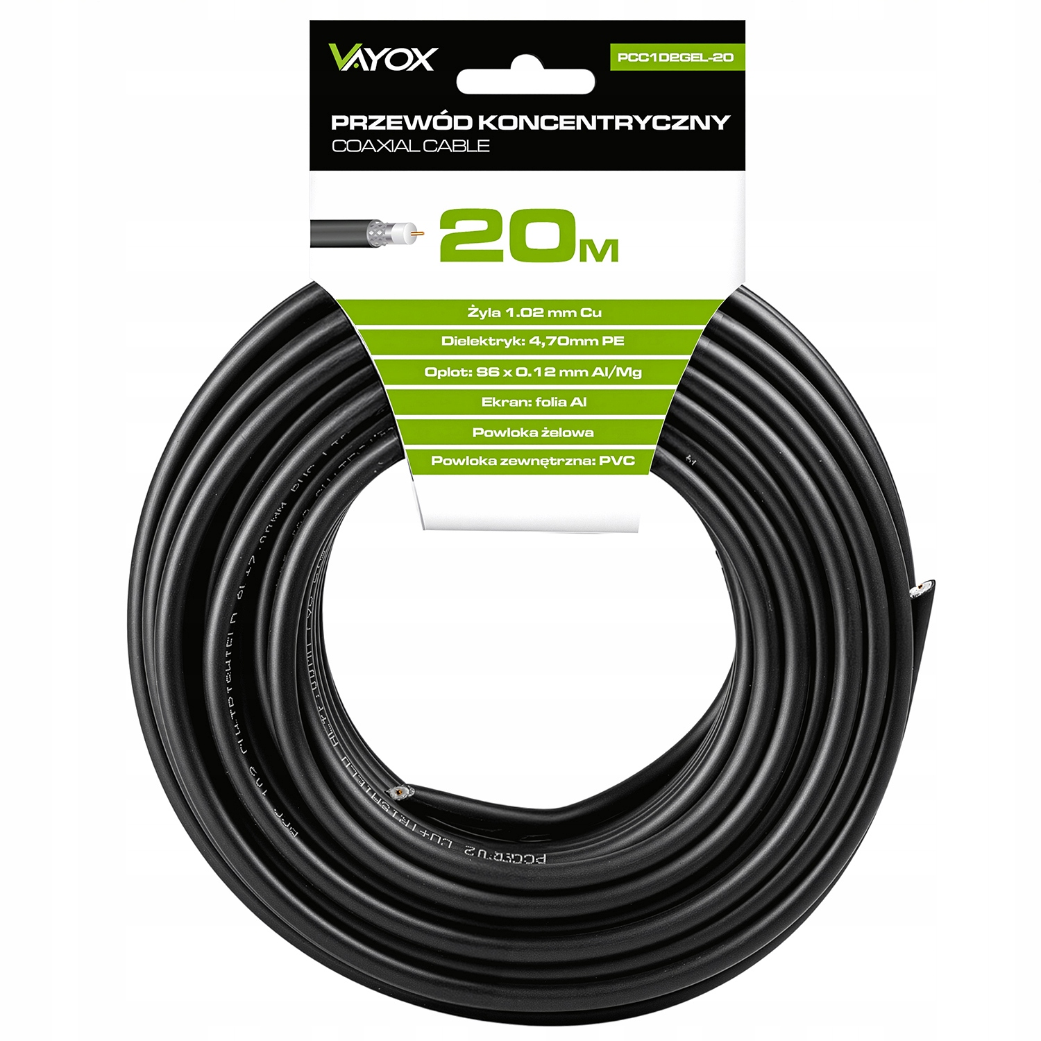 Czarny kabel koncentryczny, 20m długości, marka VAYOX, z danymi technicznymi.