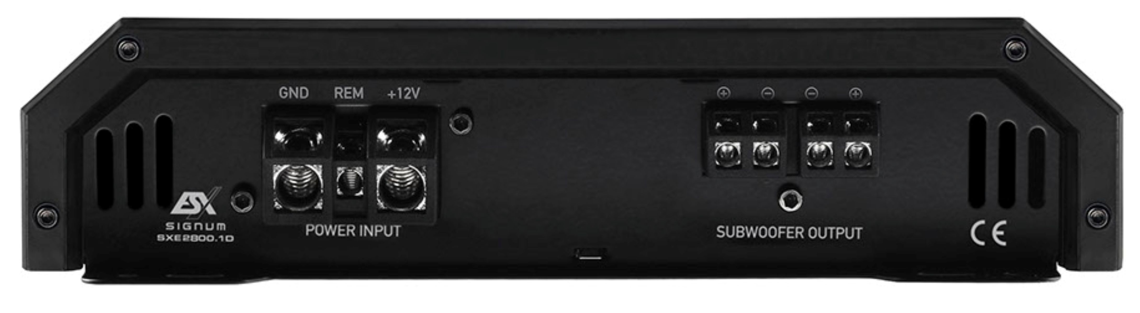 Rückseite eines schwarzen Verstärkers mit Anschlüssen für Strom, Masse, Fernbedienung und Subwoofer.