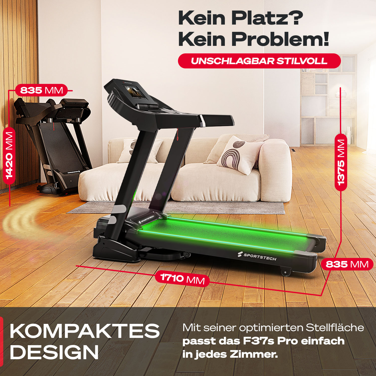 Ein schwarzer Laufband steht in einem Wohnzimmer, Maße sind angegeben.