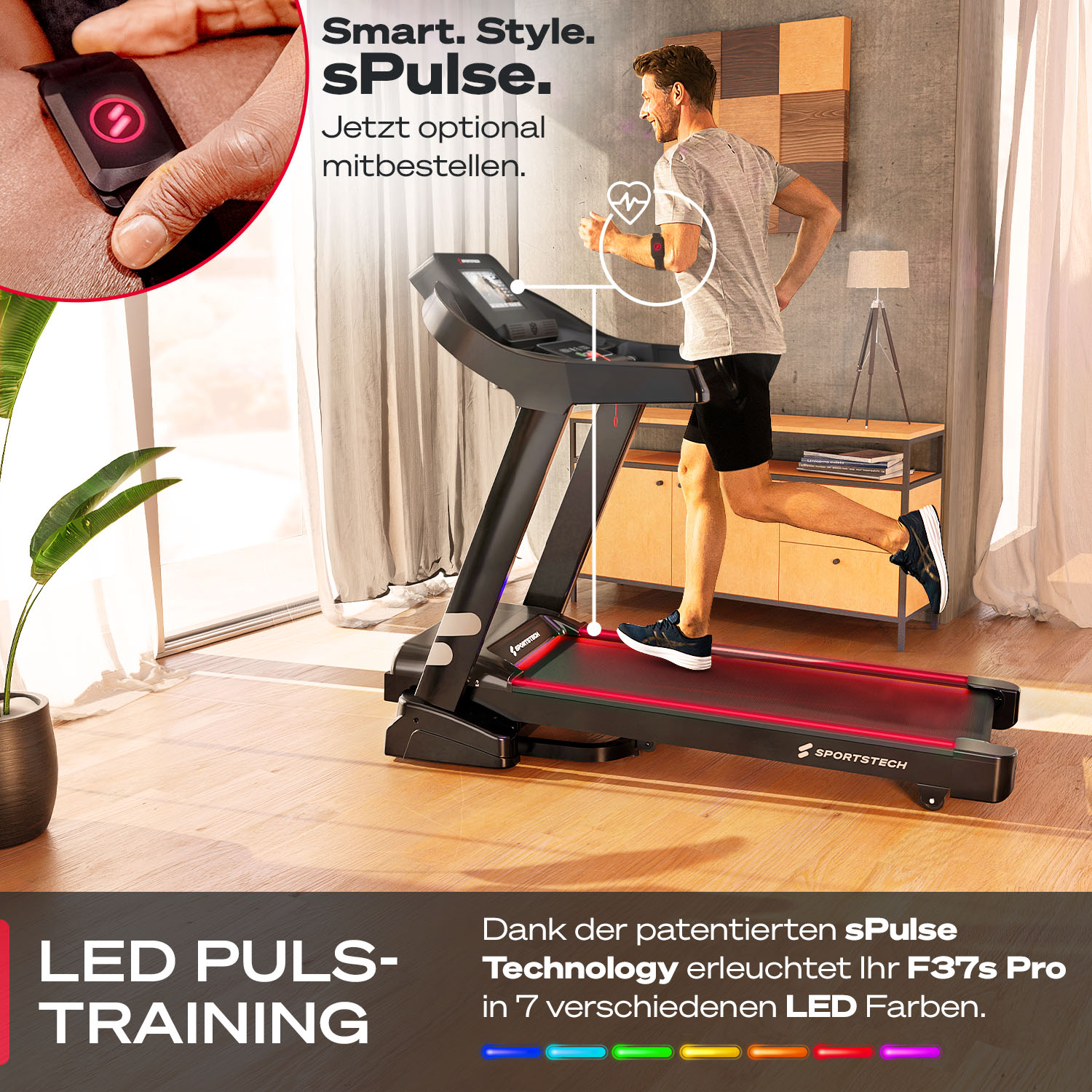 Mann auf Laufband mit Pulsmesser, beleuchtet von roten LEDs.