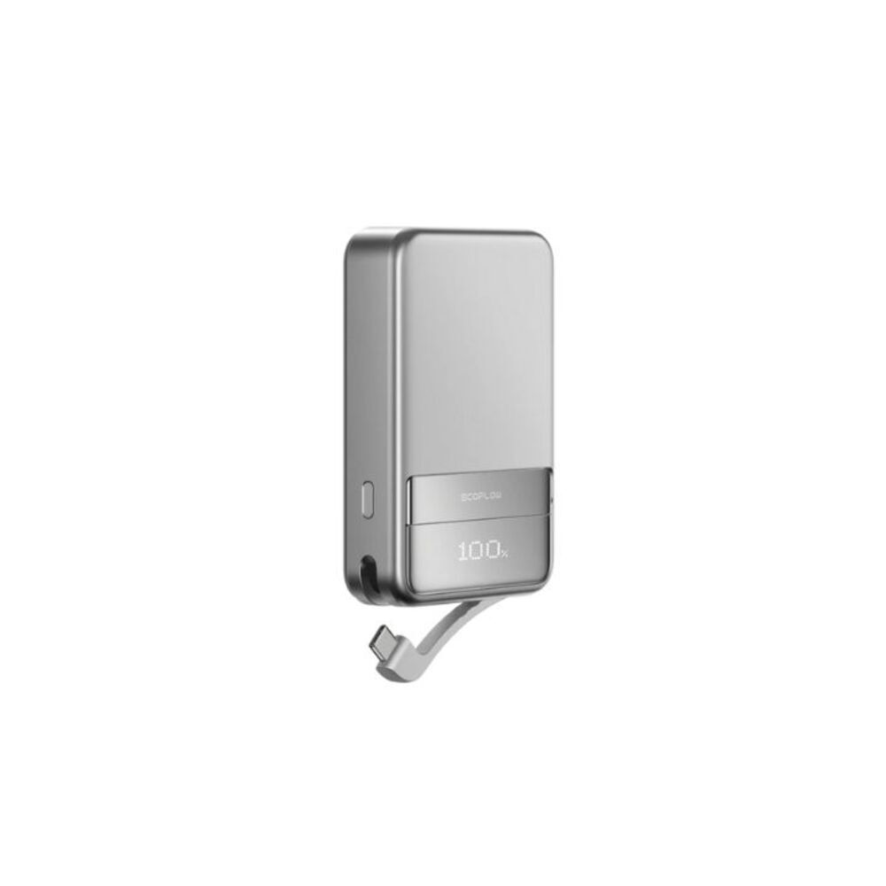 Gümüş renkli powerbank, %100 şarjlı, USB-C kablosuyla.
