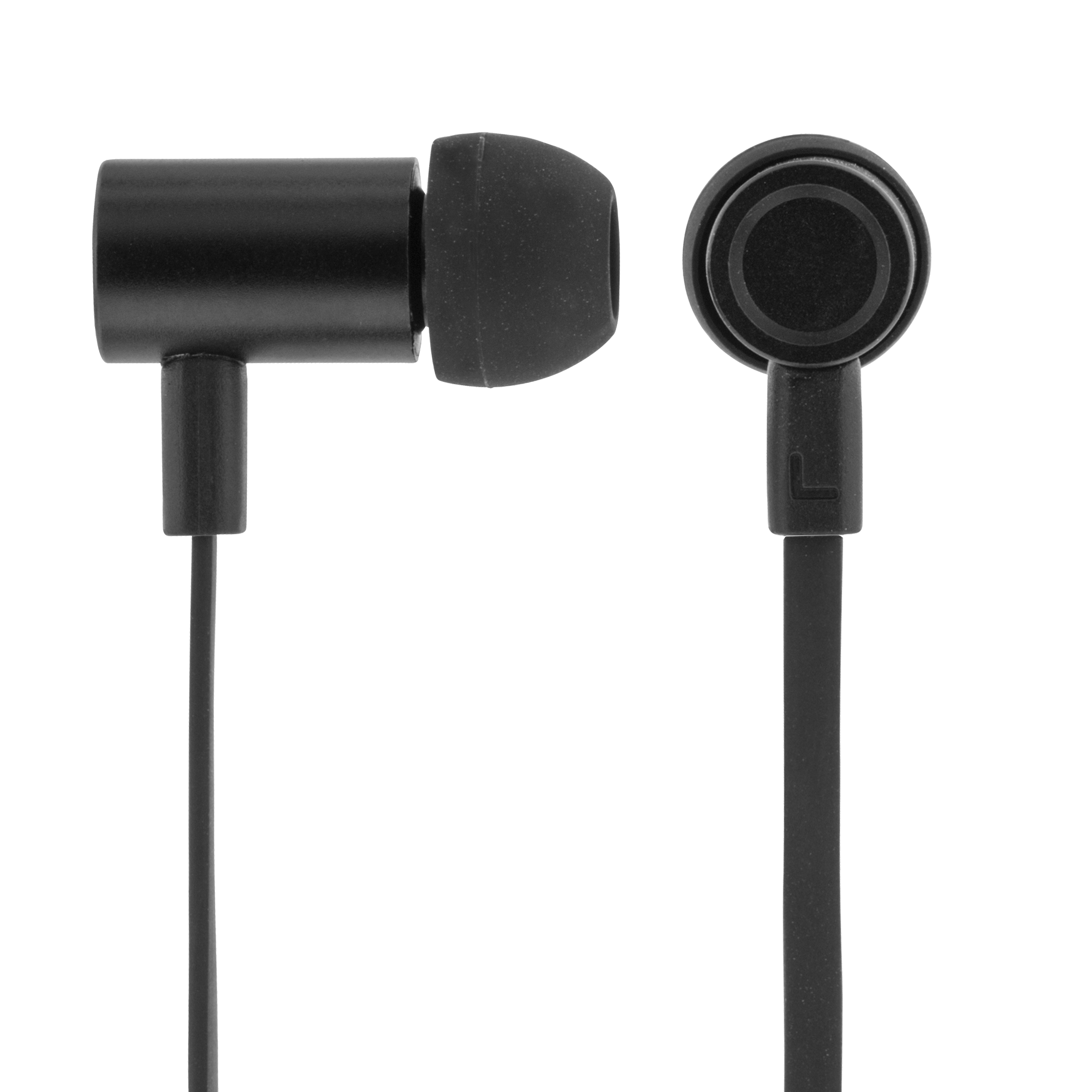 Auricolari neri con cavo e gommini in silicone.