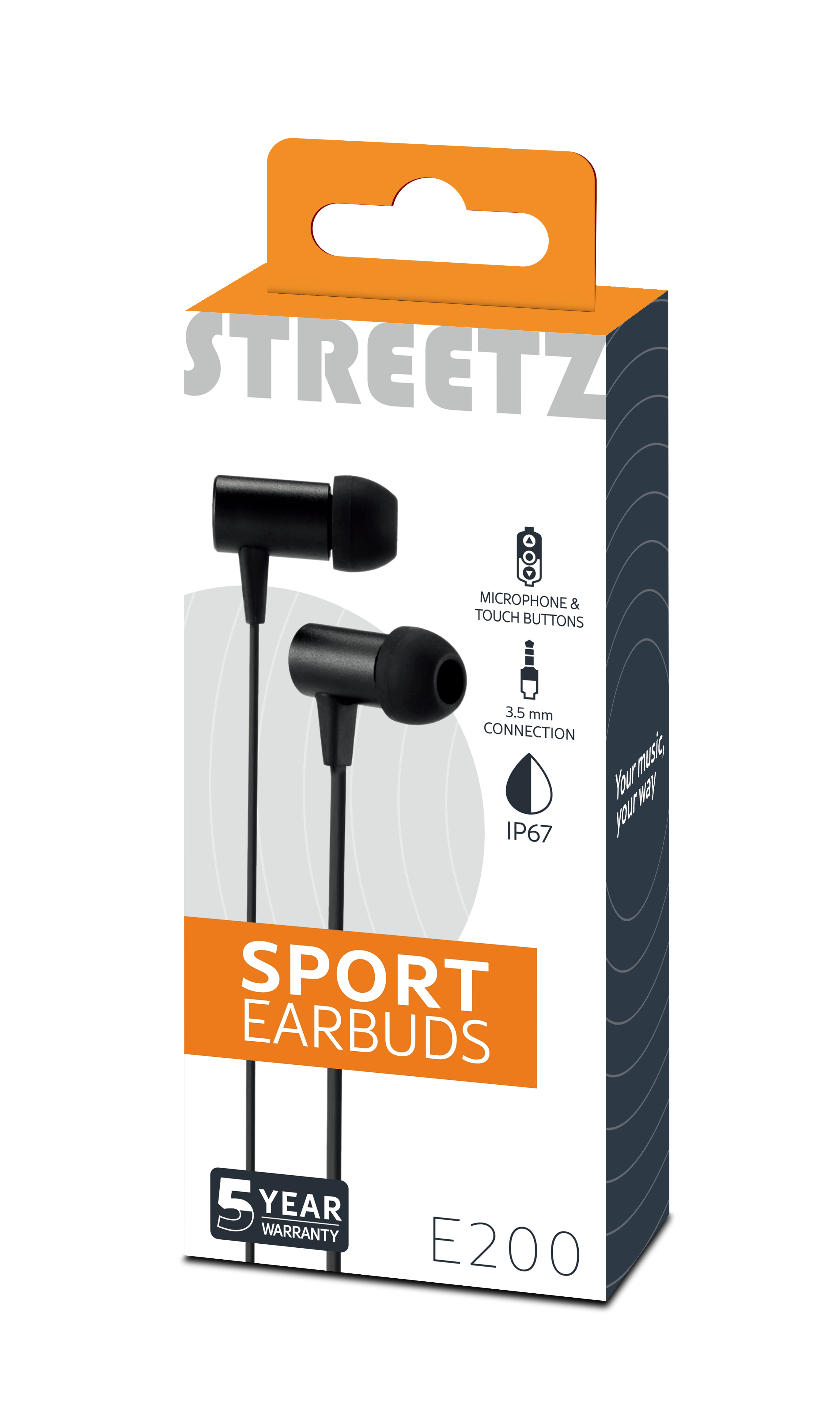 Scatola per auricolari sportivi neri con microfono, connessione 3,5mm, IP67.