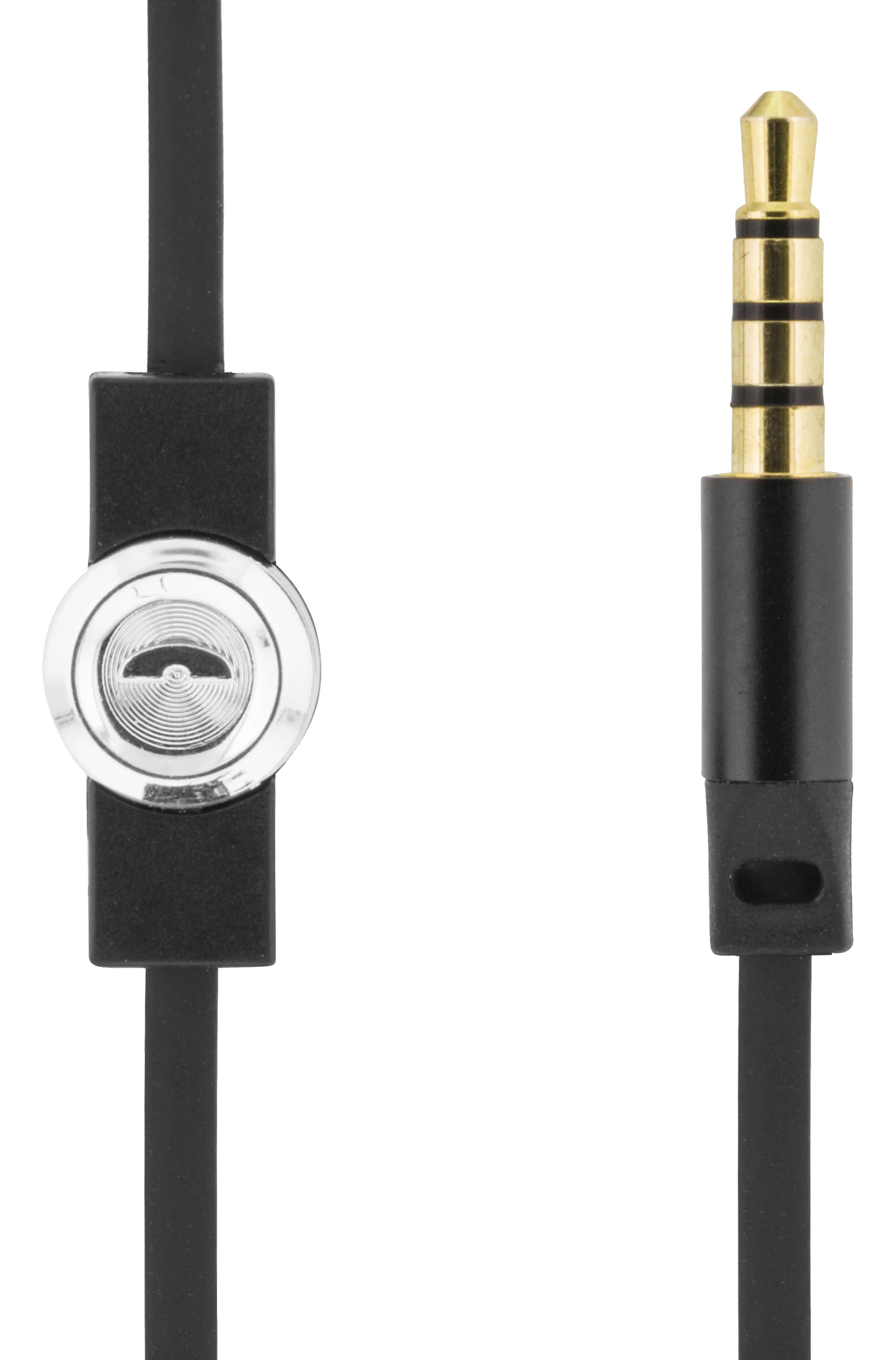 Un jack audio dorato da 3,5 mm con custodia nera e microfono in linea.
