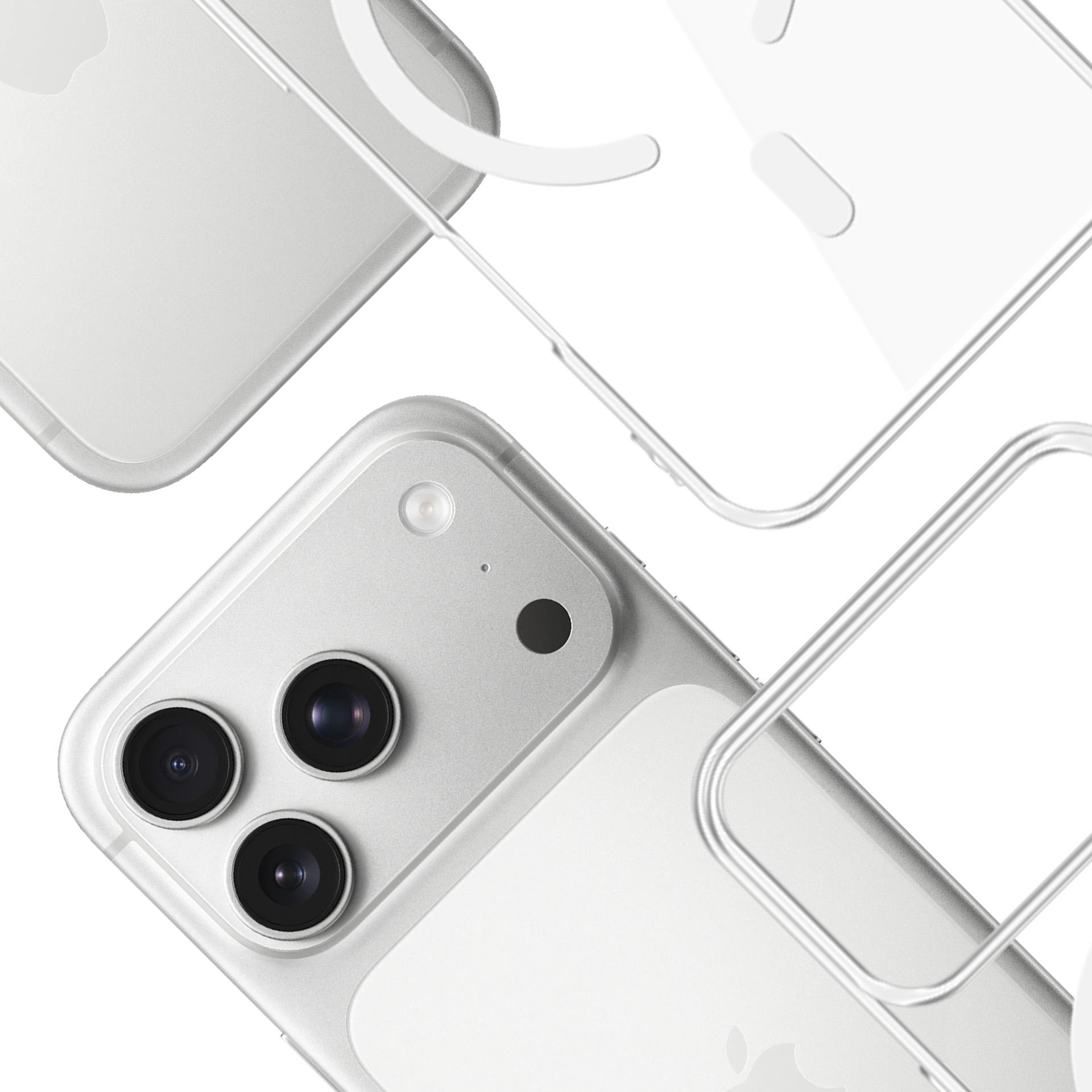 Srebrny iPhone z trzema aparatami na przezroczystym tle.