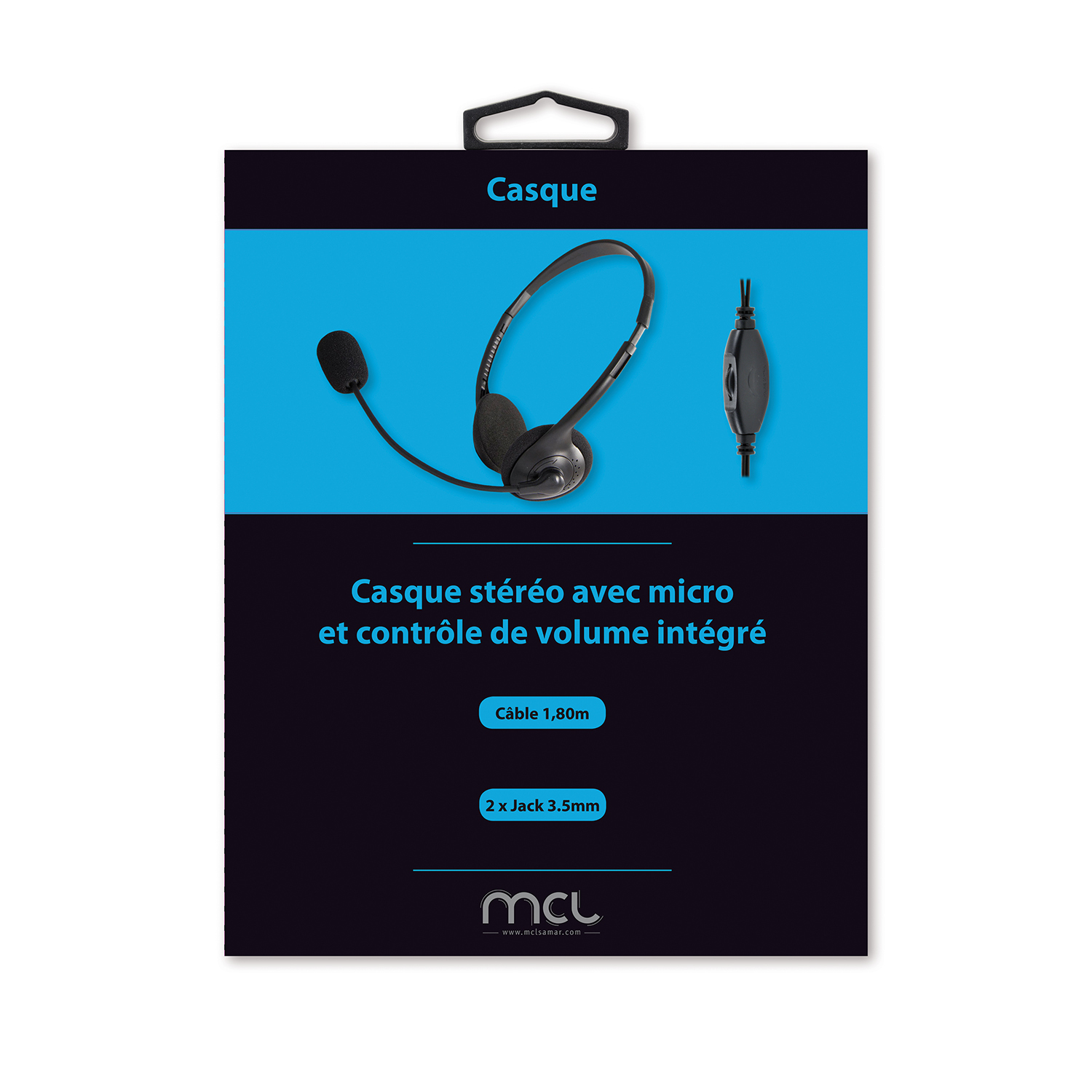 Confezione di un auricolare stereo con microfono e controllo volume.