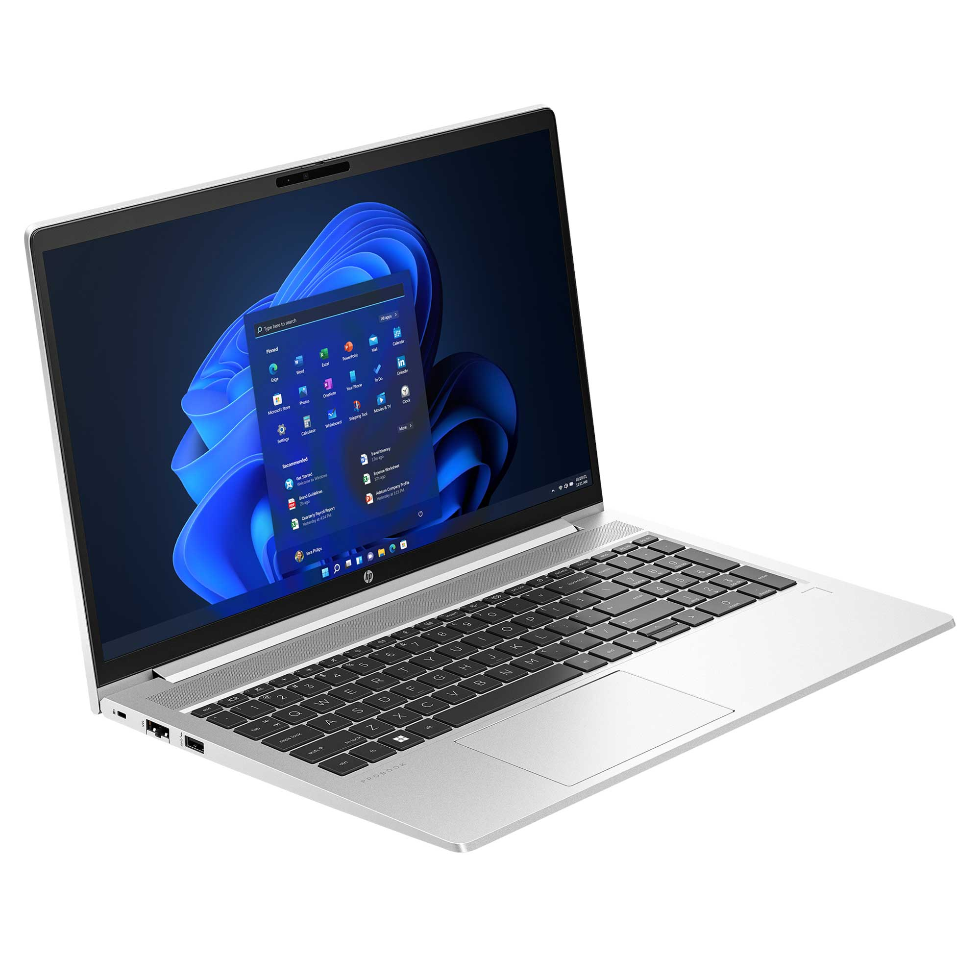 Gümüş renkli HP ProBook dizüstü bilgisayar, açık ekranı Windows uygulamalarını gösteriyor.
