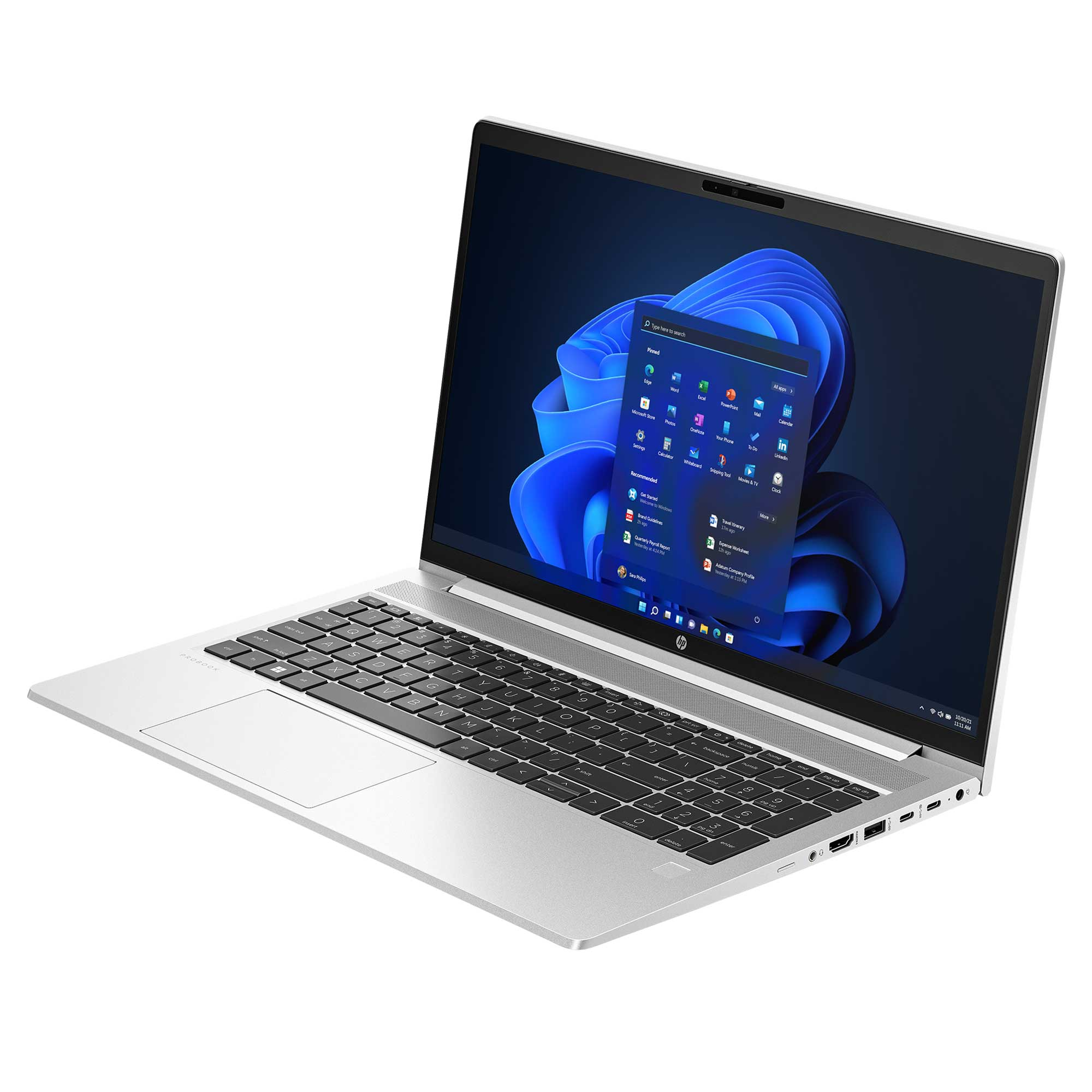 Gümüş rengi dizüstü bilgisayar, klavyeli ve Windows 11 Başlat menüsünü gösteren aydınlatmalı ekranlı.