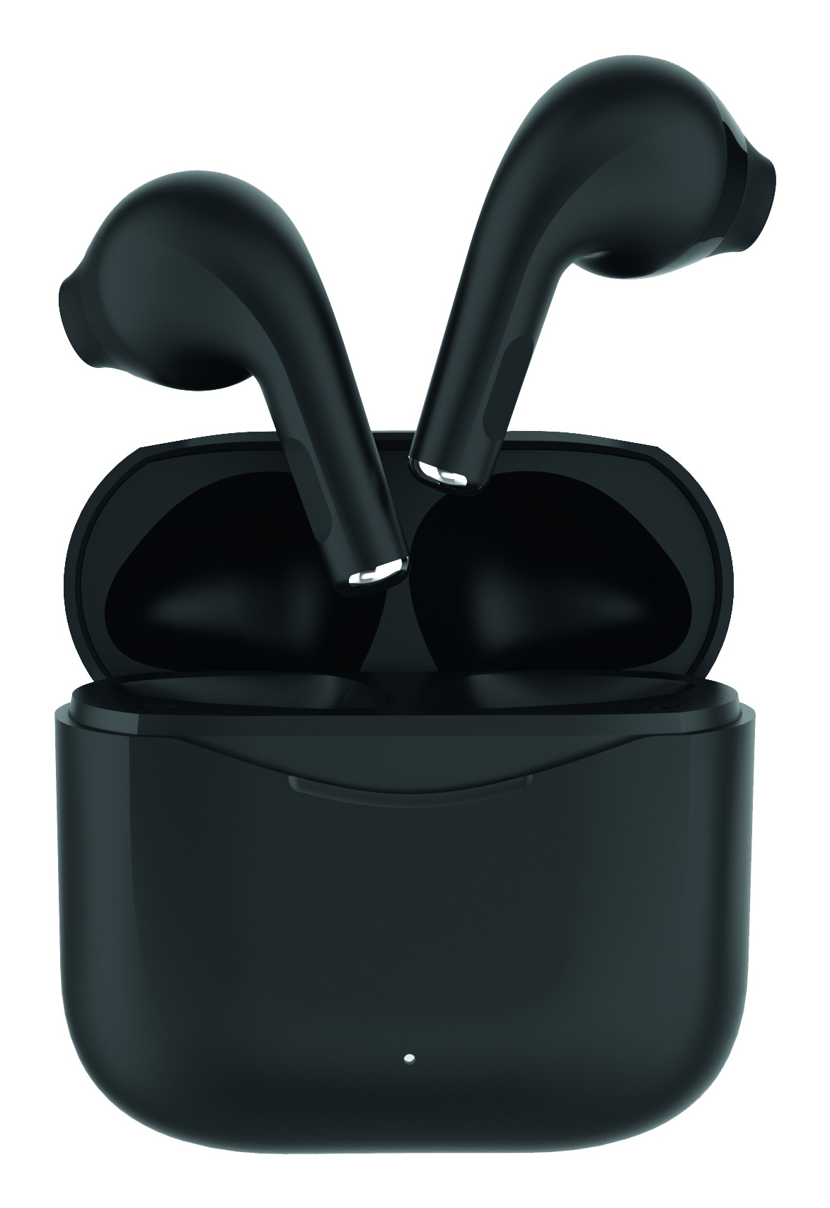 Auricolari wireless neri in una custodia di ricarica aperta.