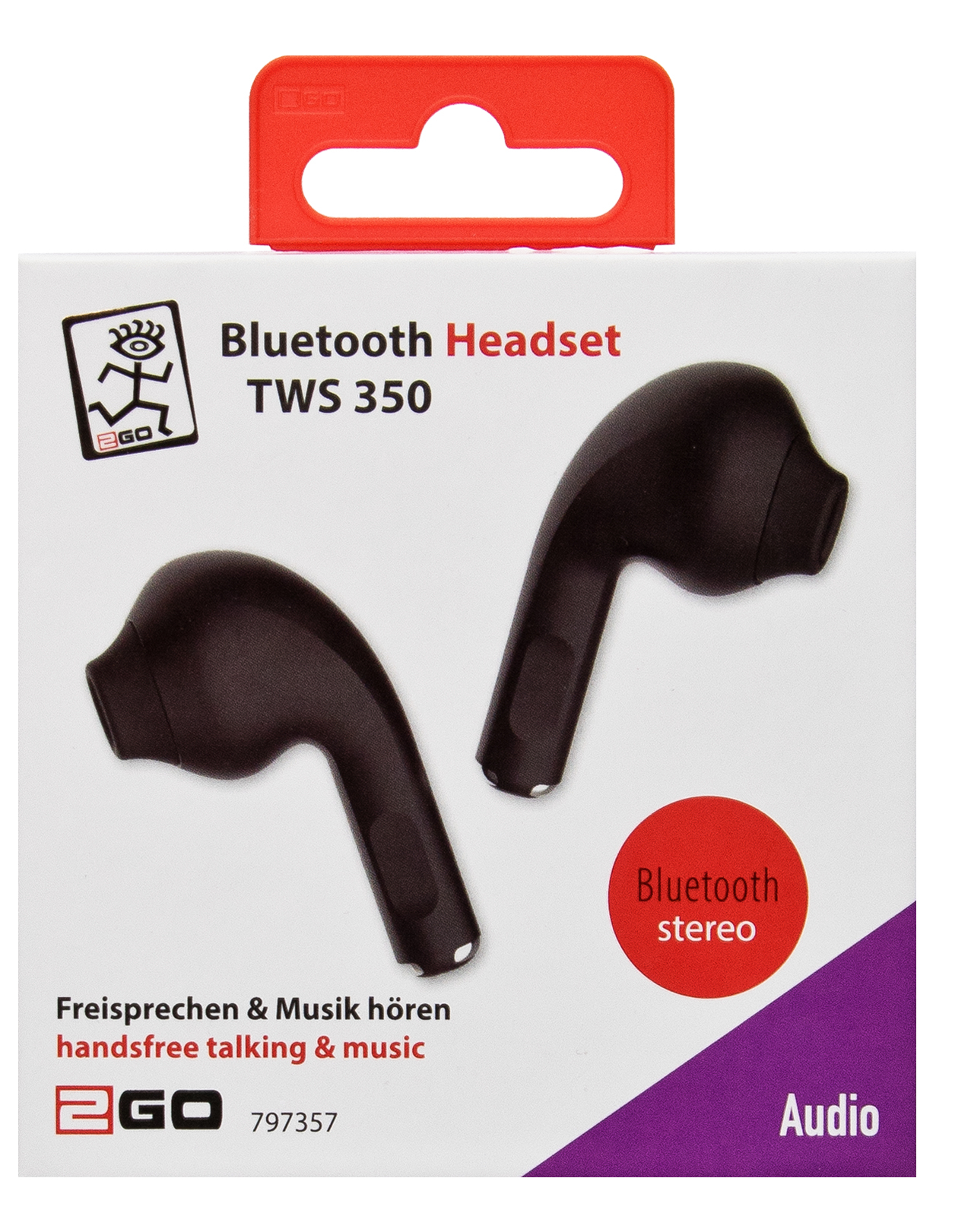 Confezione di auricolari Bluetooth neri con due auricolari.