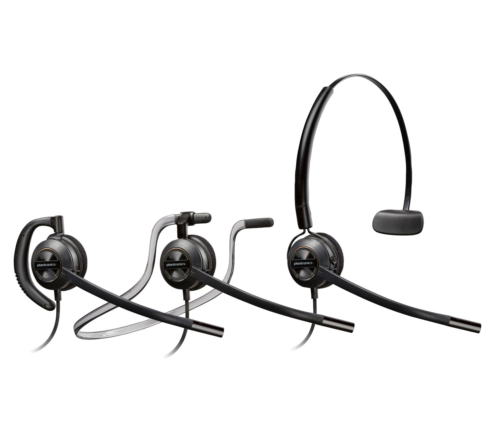 Drei schwarze Plantronics-Headsets mit Mikrofonen auf weißem Hintergrund.