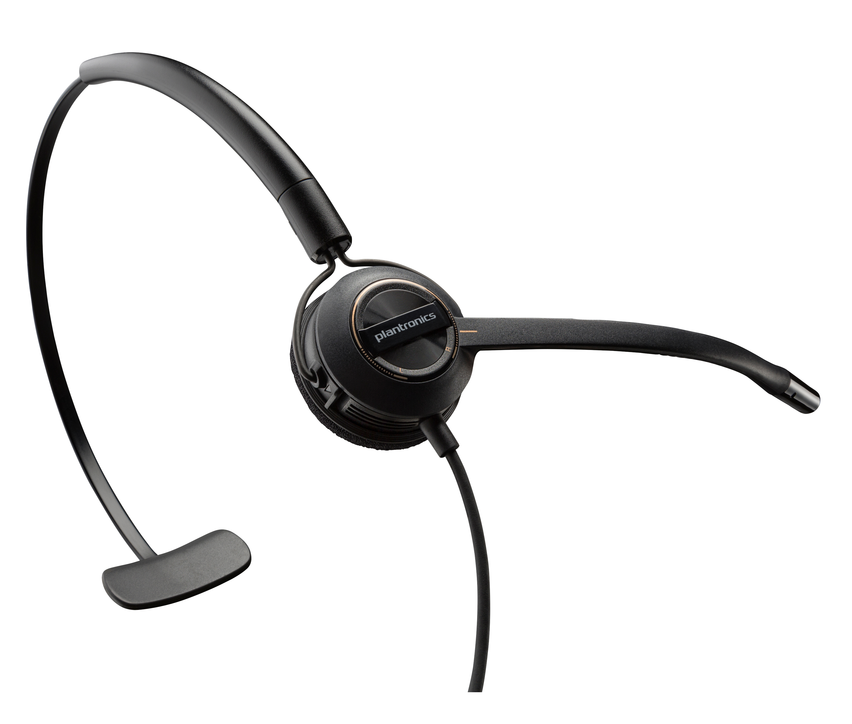 Schwarzer Plantronics-Kopfhörer mit Mikrofon, weißer Hintergrund.