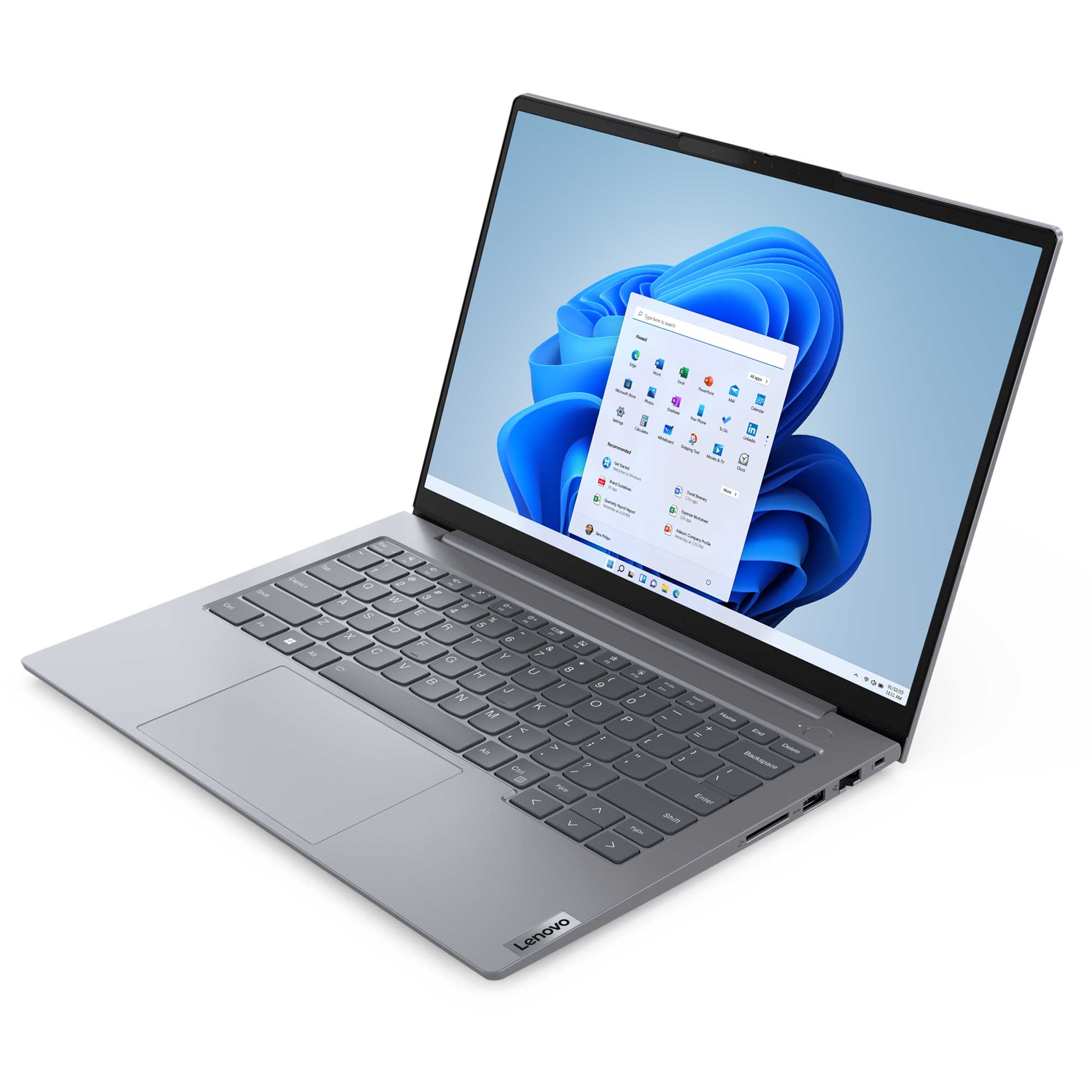 Windows 11'i gösteren açık ekranlı gri bir Lenovo dizüstü bilgisayar.