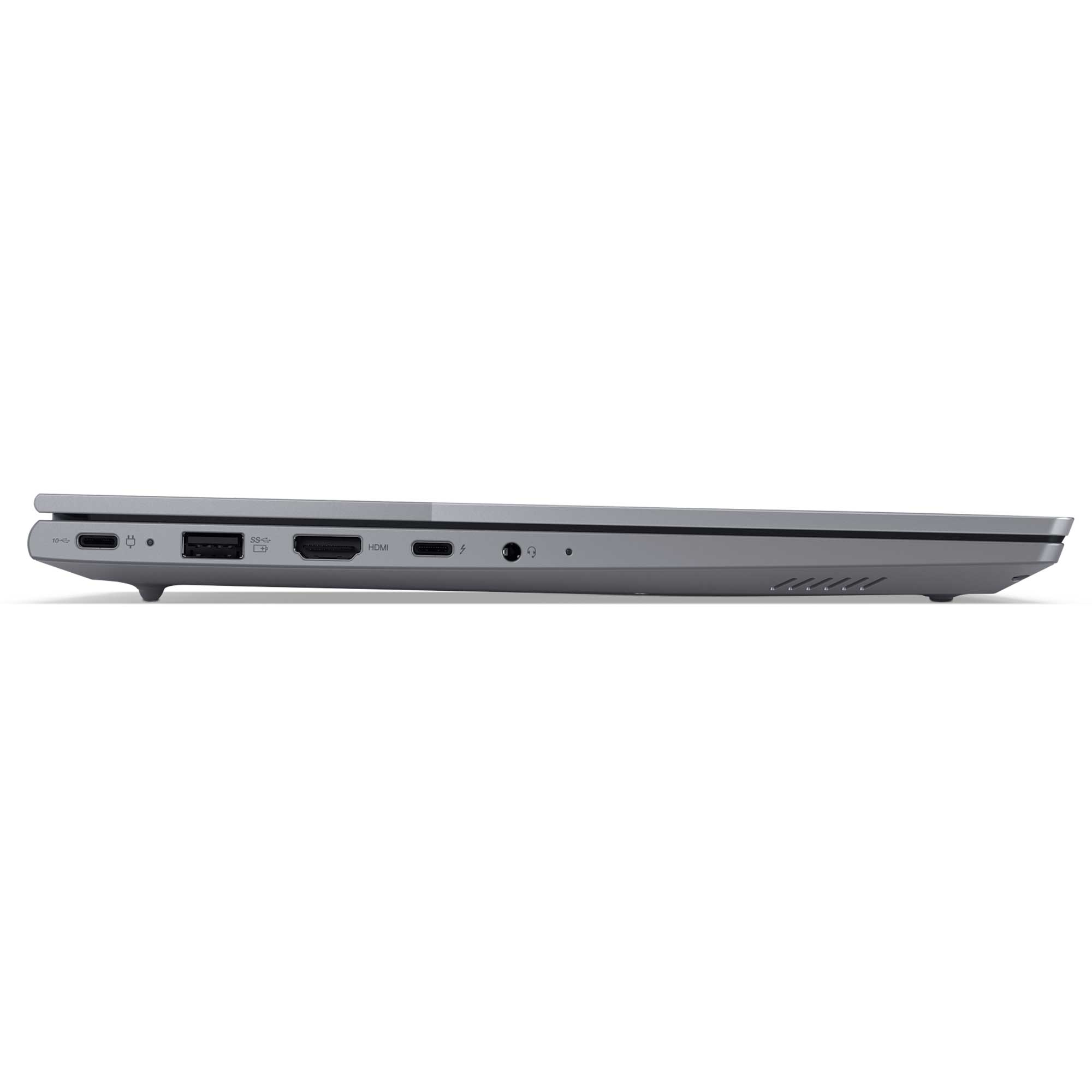 Gri dizüstü bilgisayarın yan görünümü, bağlantı noktaları: USB-C, HDMI, USB-A, ses.
