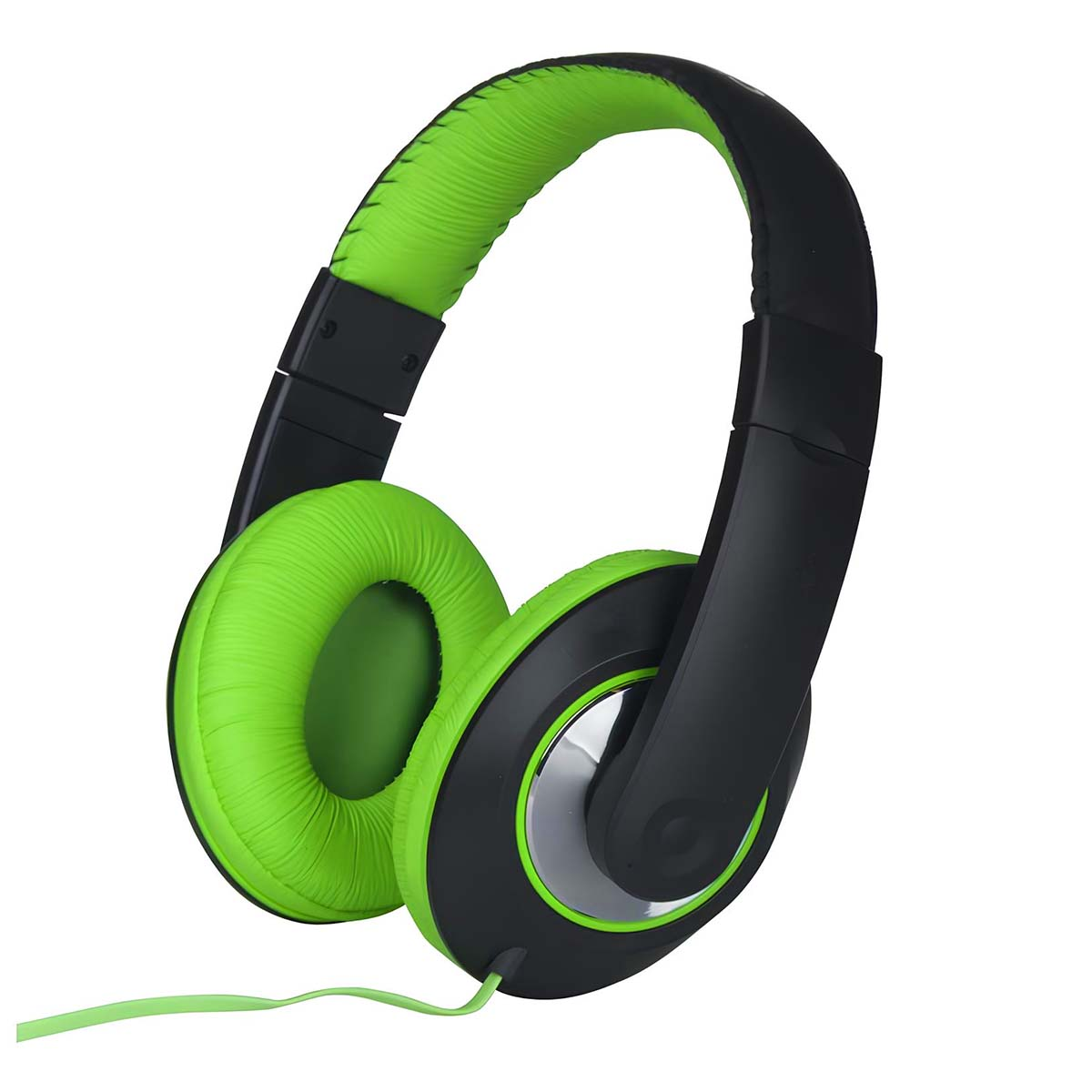 Cuffie nere con padiglioni e archetto verde neon. Sfondo bianco.