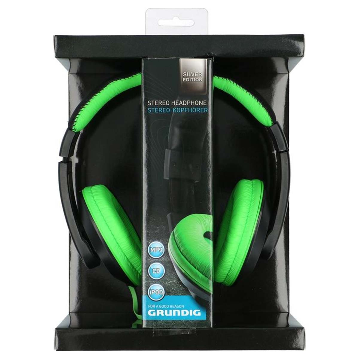 Cuffie stereo in confezione con padiglioni verde neon e archetto nero.