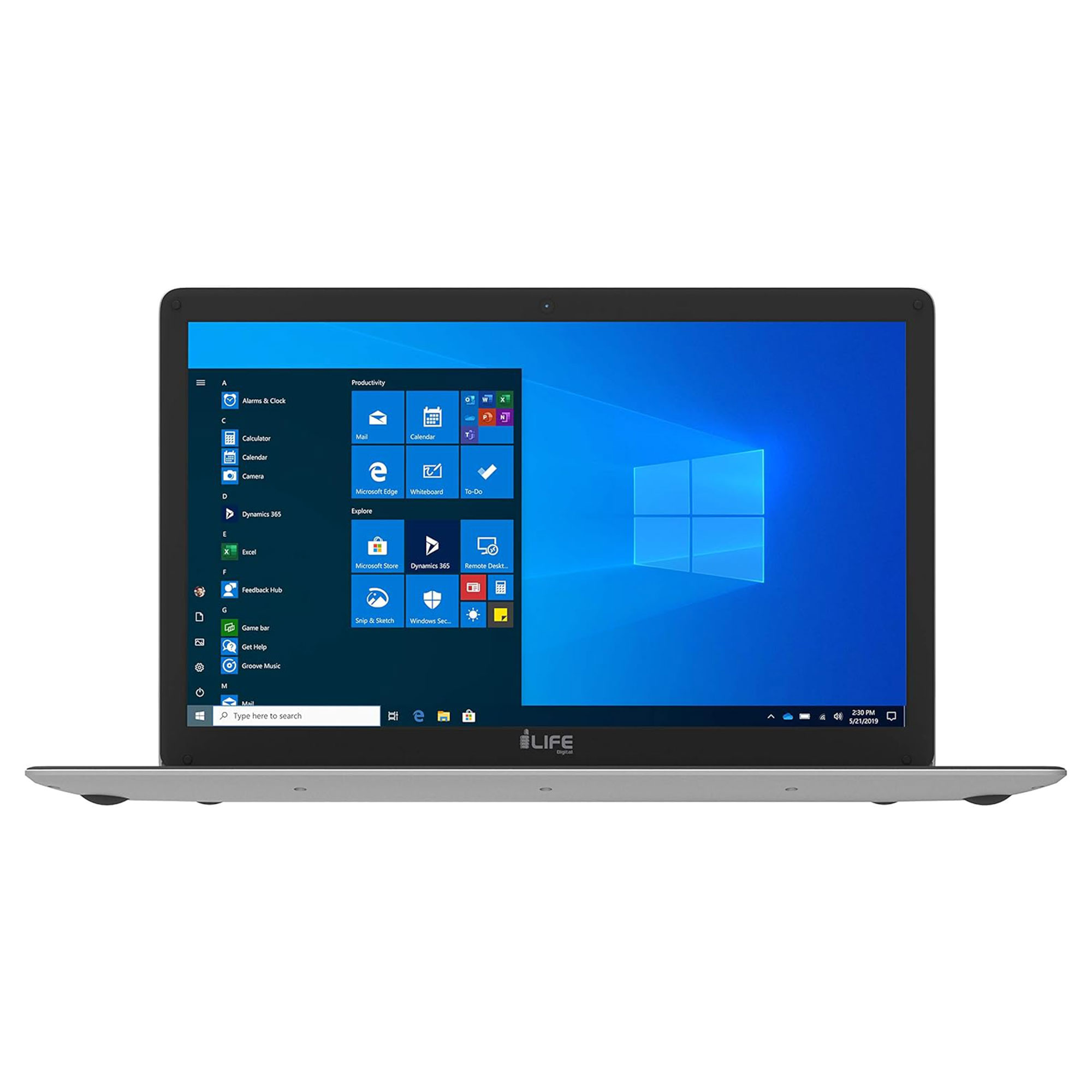 Mavi bir Windows arka planı ve uygulama listesi gösteren açık bir dizüstü bilgisayar.