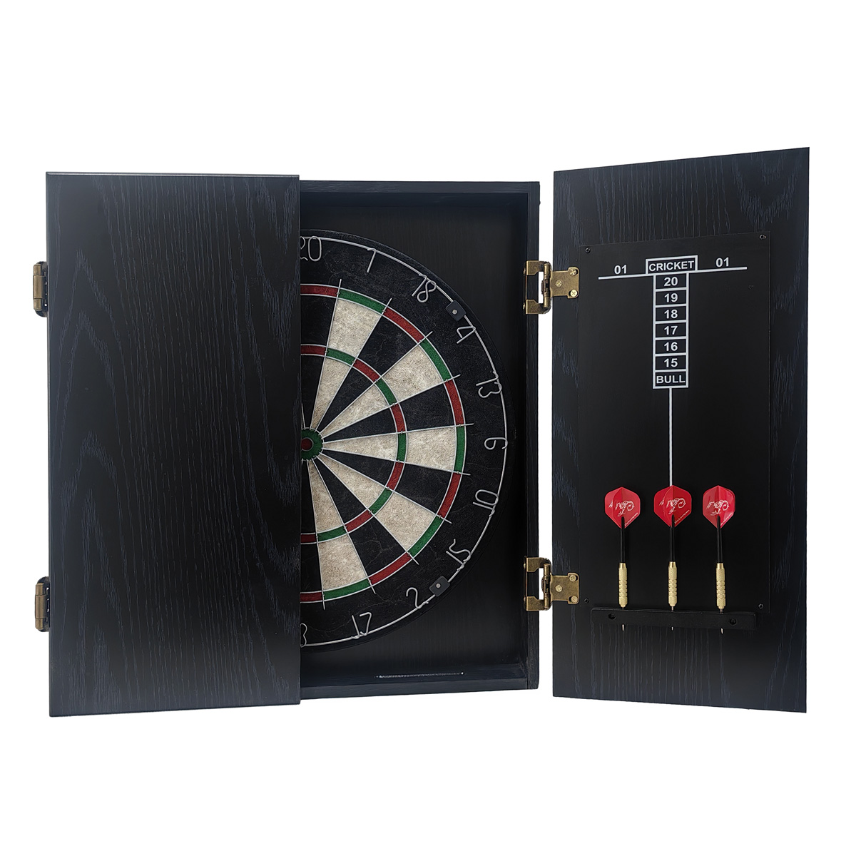 Ein schwarzer Dartschrank mit geöffneten Türen. Links ist eine Dartscheibe zu sehen, rechts sind drei rote Pfeile.