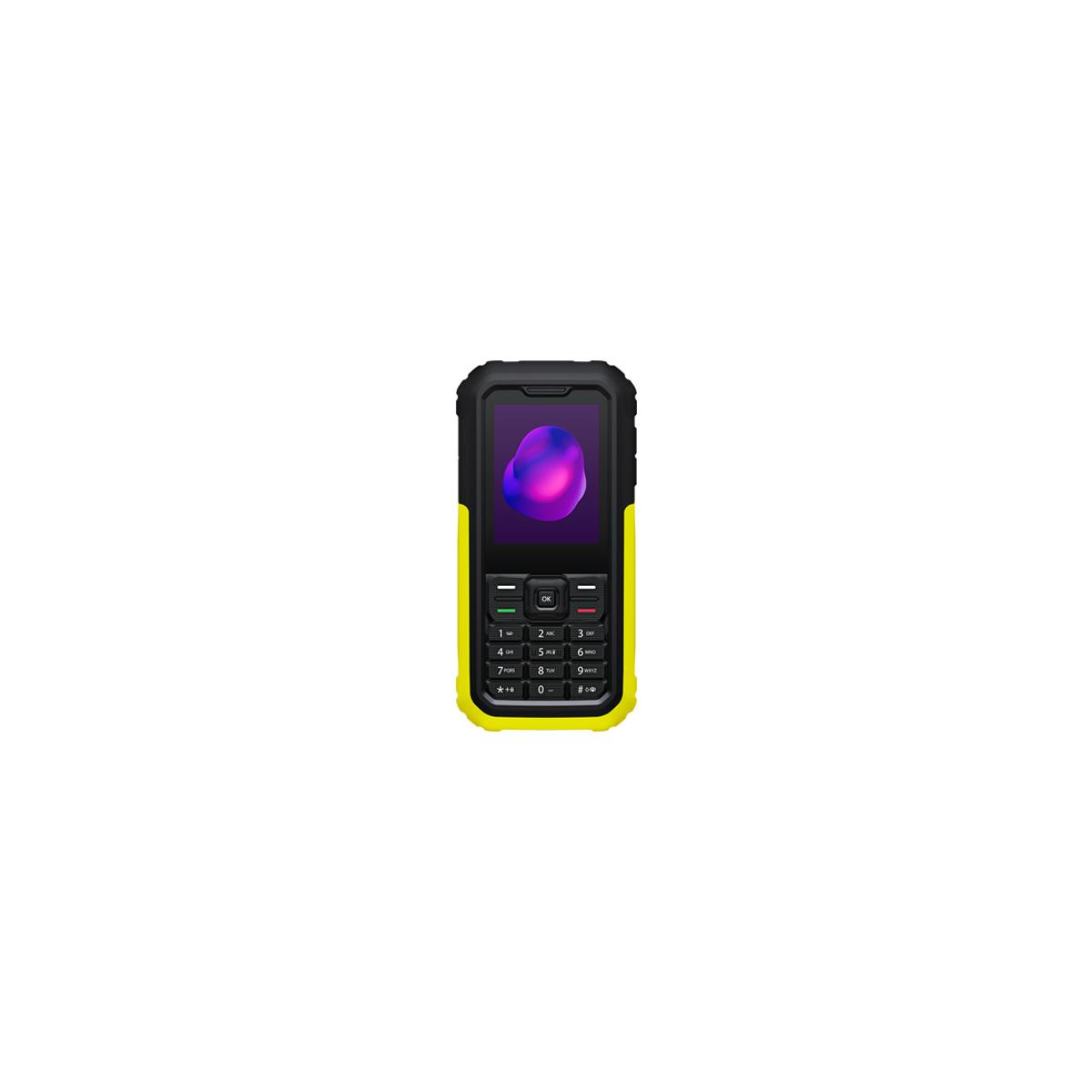 Un telefono cellulare robusto giallo e nero con tastiera e schermo.