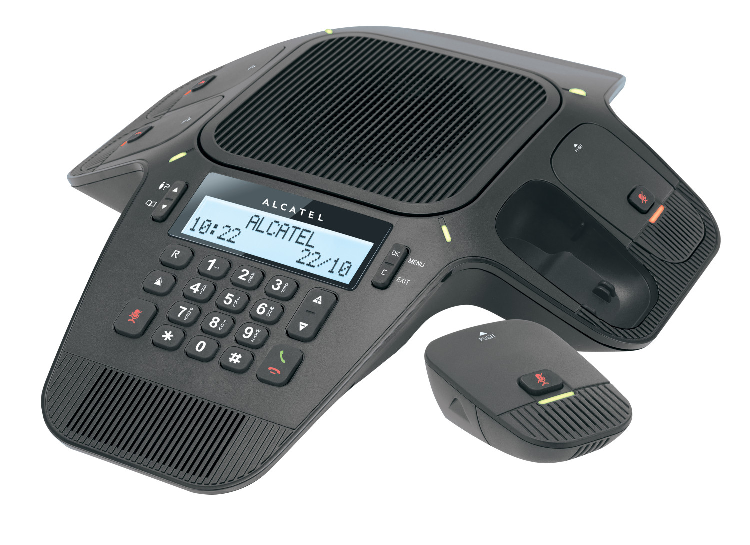 Un telefono da conferenza Alcatel nero con microfono separato.