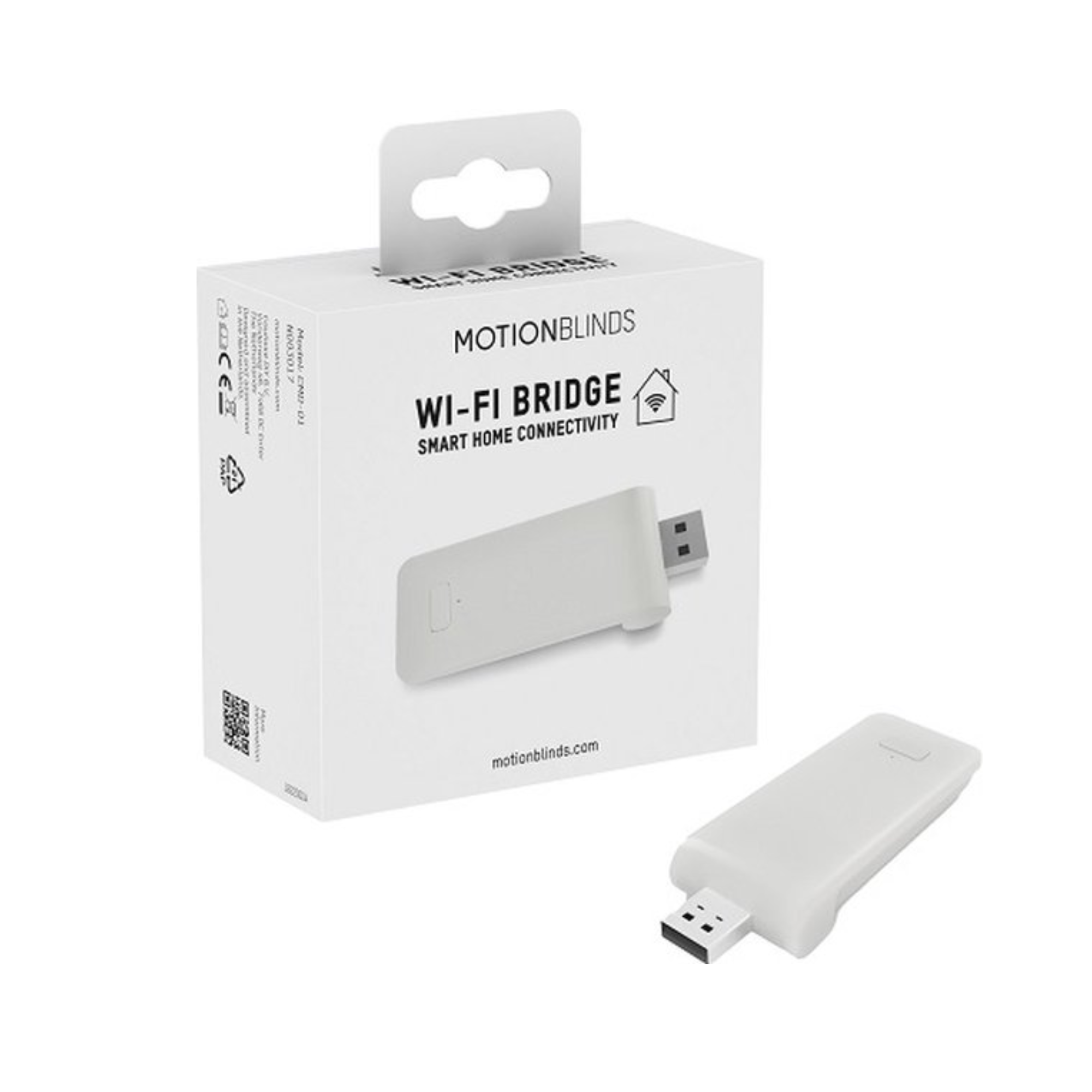 Een witte Wi-Fi bridge USB-stick ligt naast de verpakking.