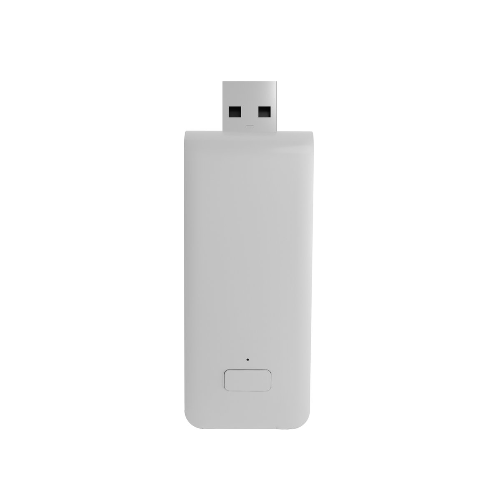 Een witte USB-stick met een rechthoekige knop en een klein stipje.