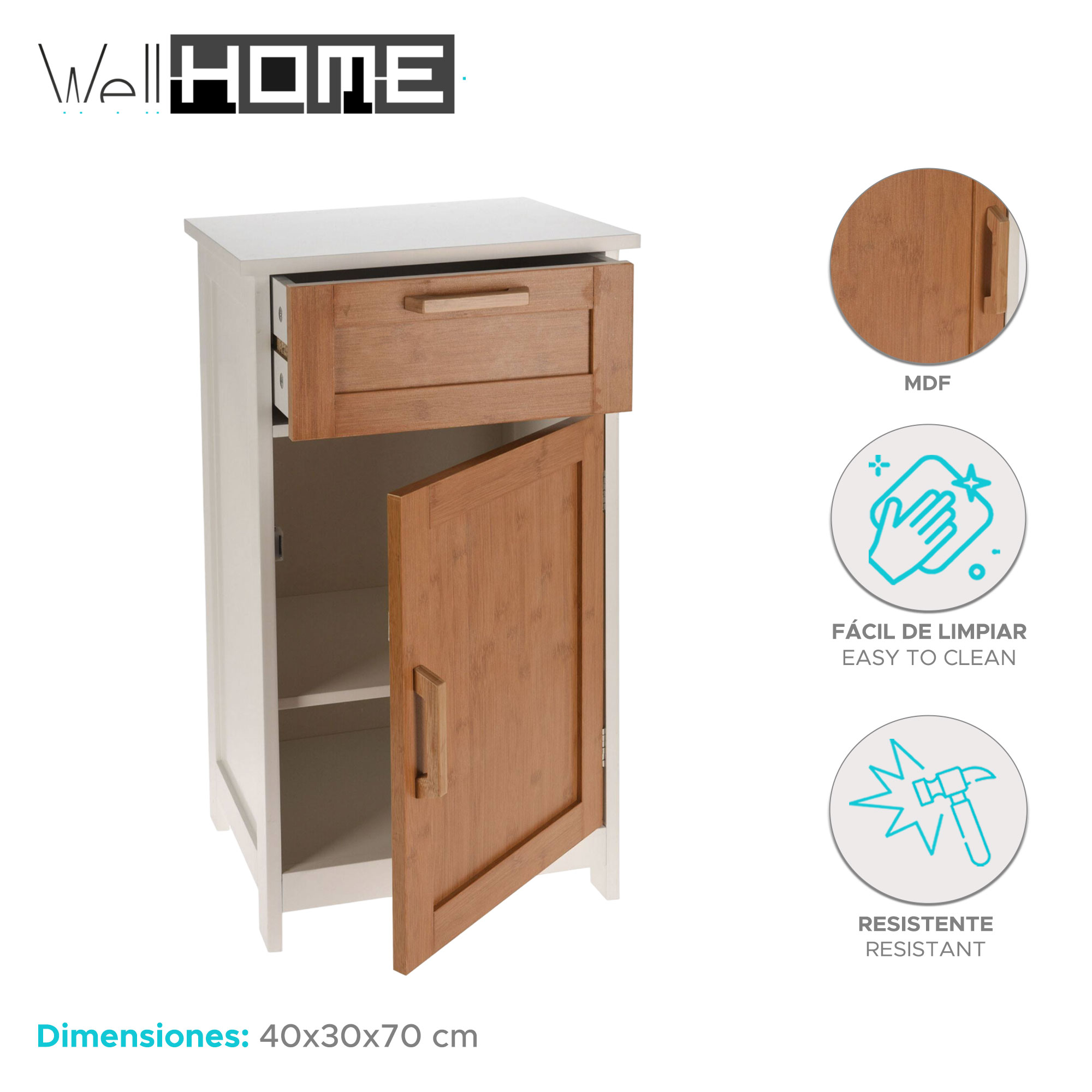 Un armario blanco con puertas y cajones de madera, medidas 40x30x70 cm.