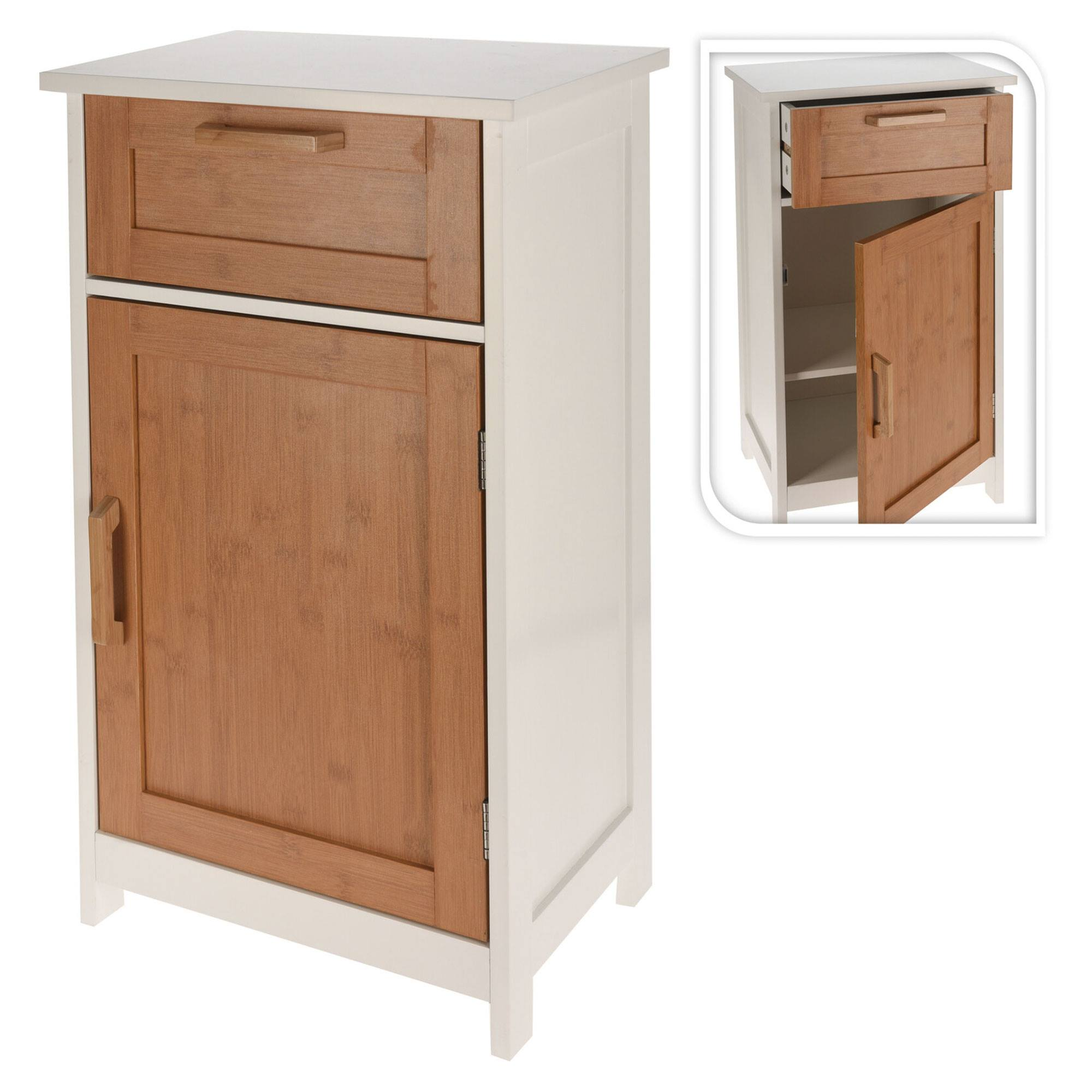 Un mueble blanco con una puerta de madera y un cajón.