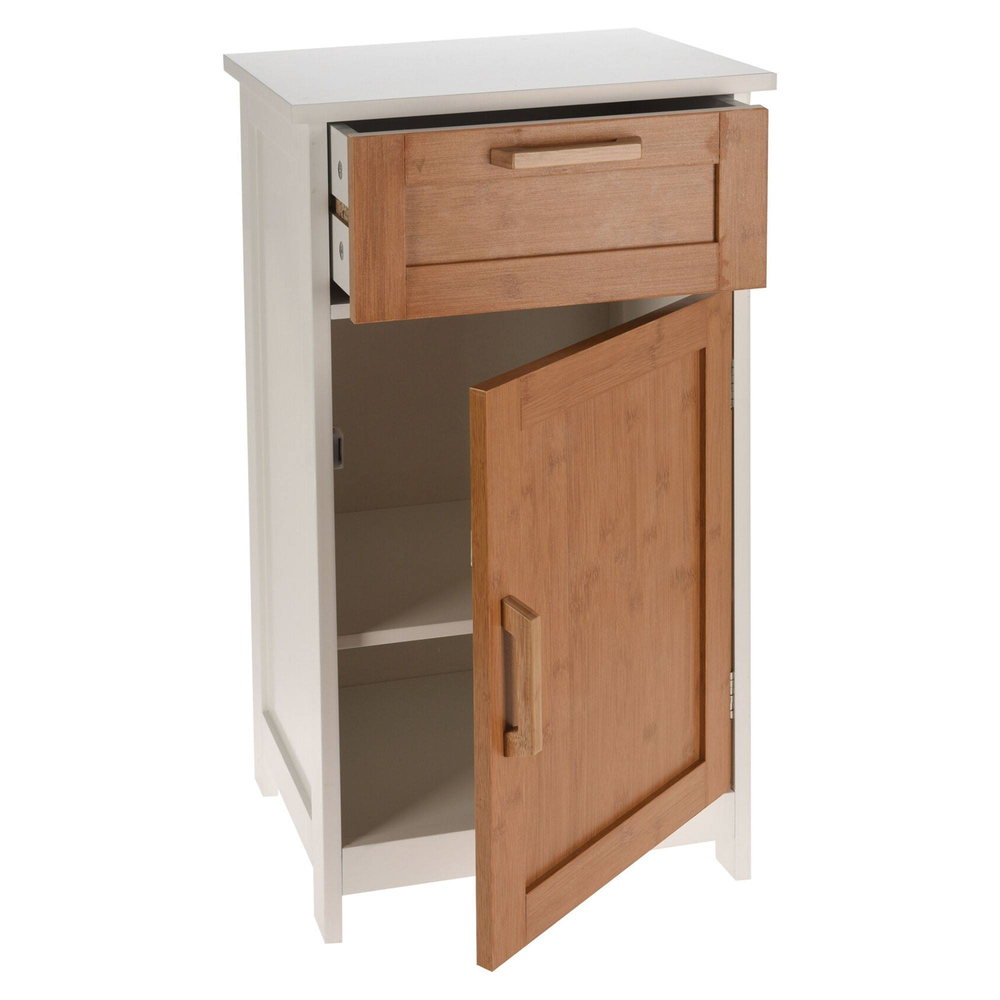 Un mueble blanco con un cajón abierto y una puerta de madera abierta.