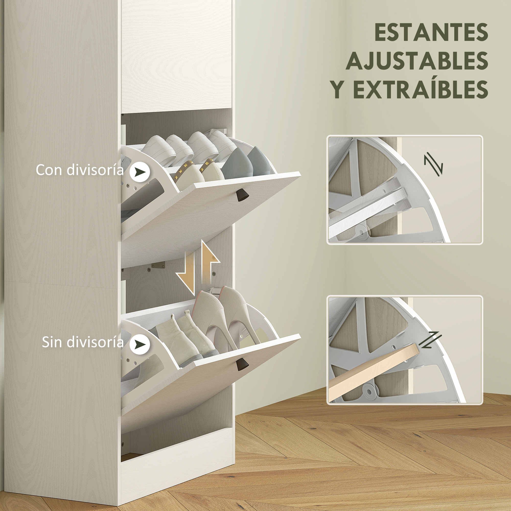 Un estrecho zapatero con compartimentos abatibles, lleno de zapatos.