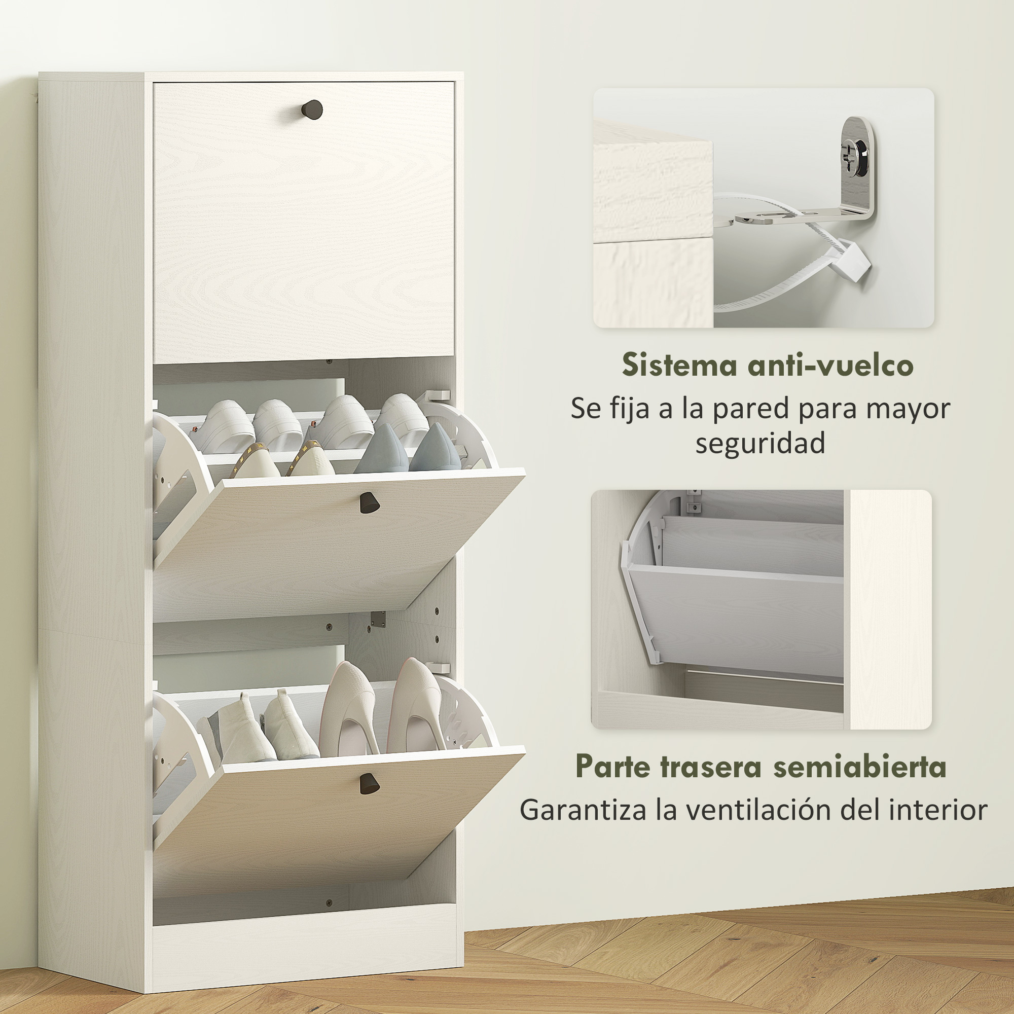 Un zapatero blanco con tres puertas abatibles abiertas que contienen zapatos.