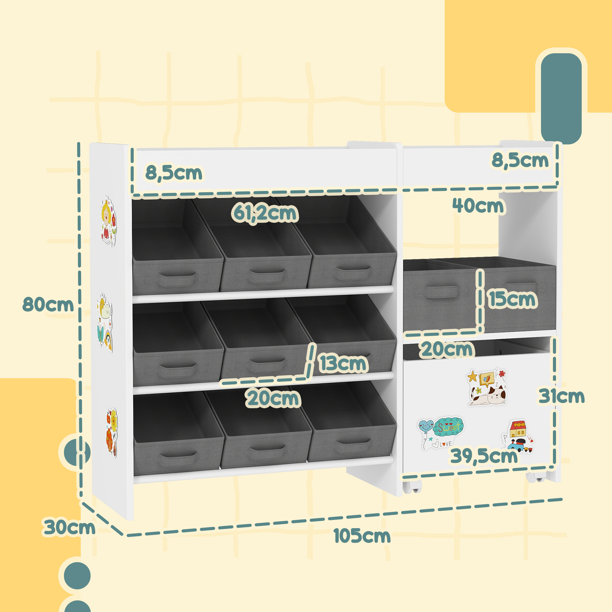 Unidad de almacenamiento blanca con 9 cubos grises y pegatinas.