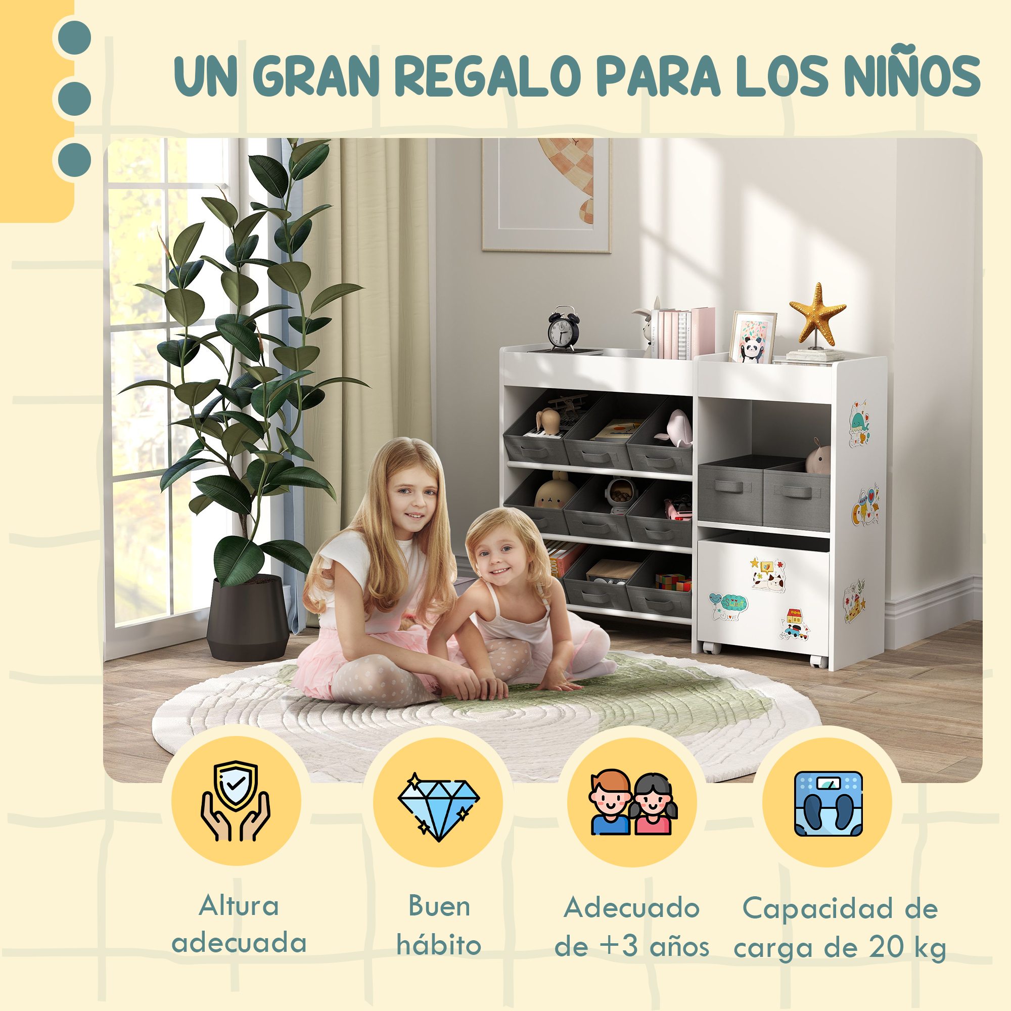 Dos niñas se sientan en el suelo junto a una planta y estantería.